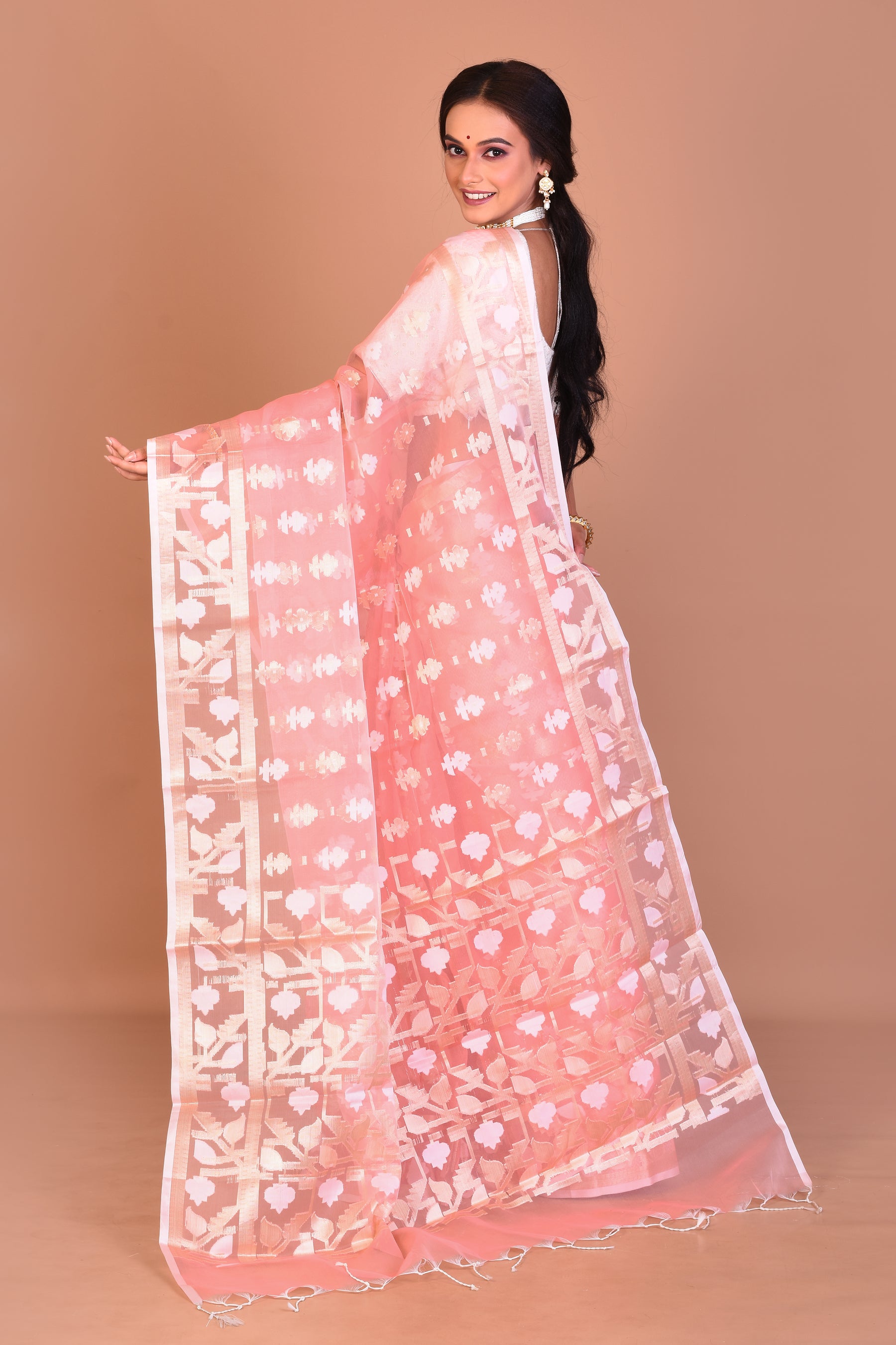 Peach Blended Organza Saree with Blouse Piece - Keya Seth Exclusive