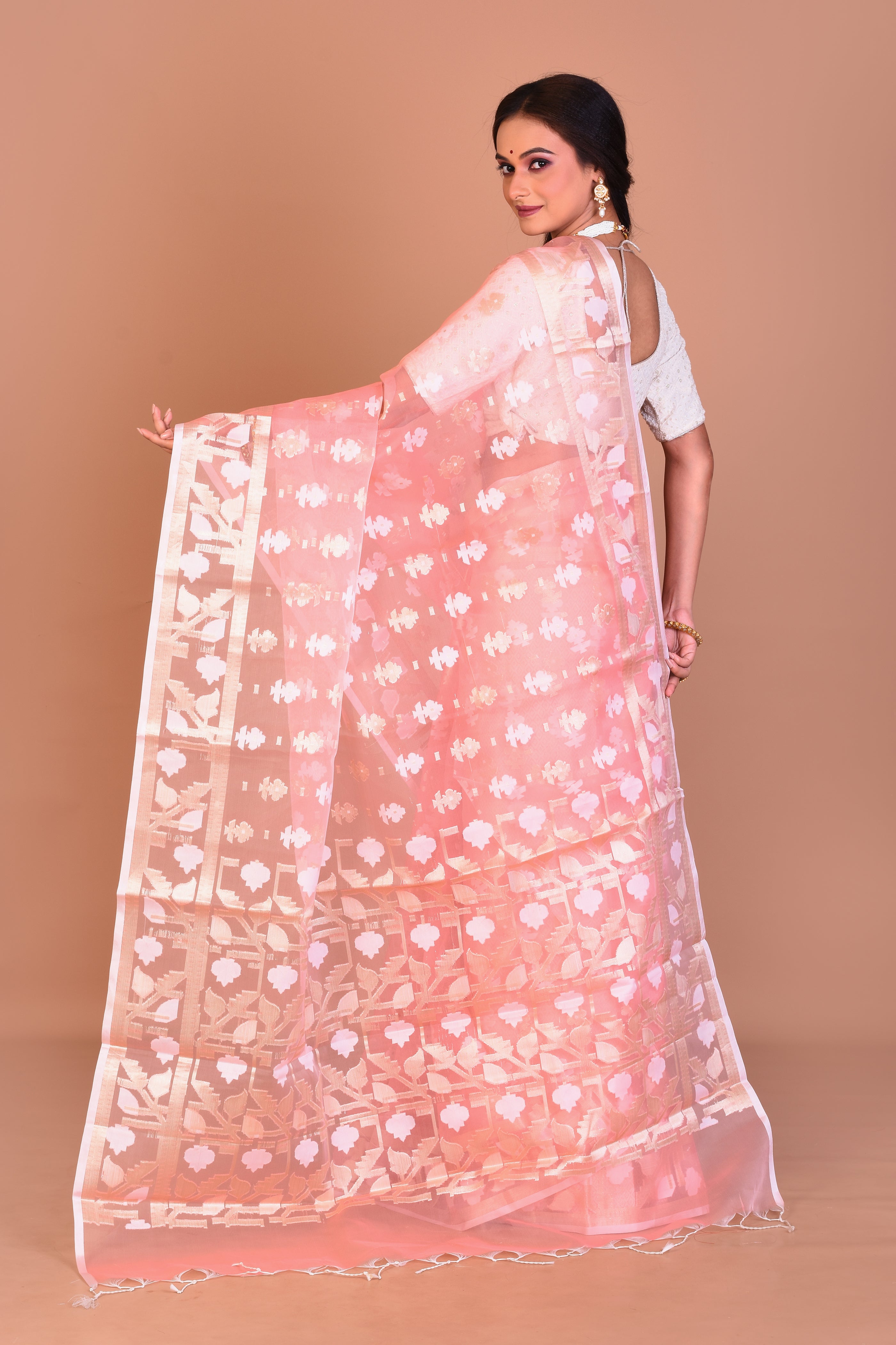 Peach Blended Organza Saree with Blouse Piece - Keya Seth Exclusive