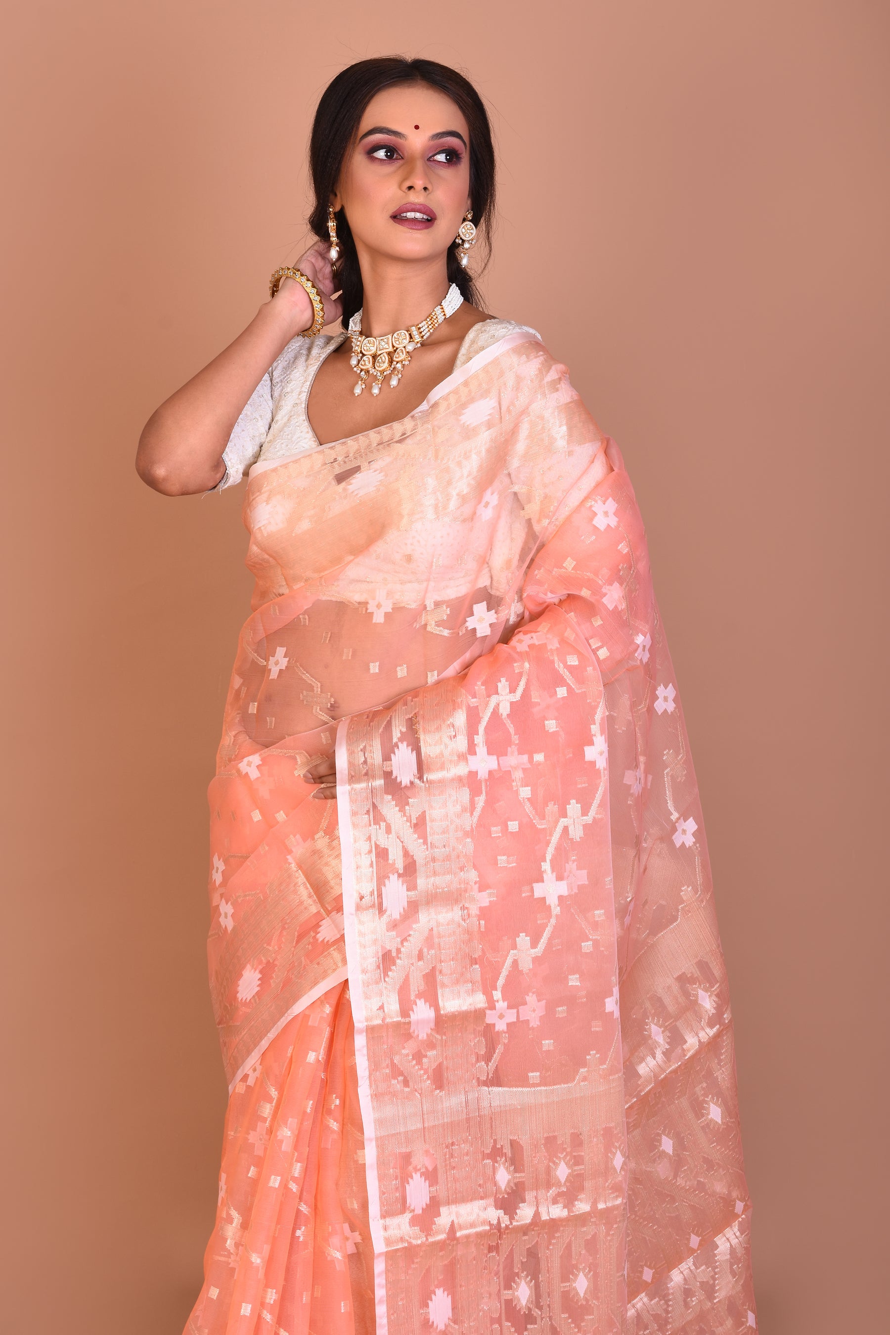 Peach Blended Organza Saree with Blouse Piece - Keya Seth Exclusive