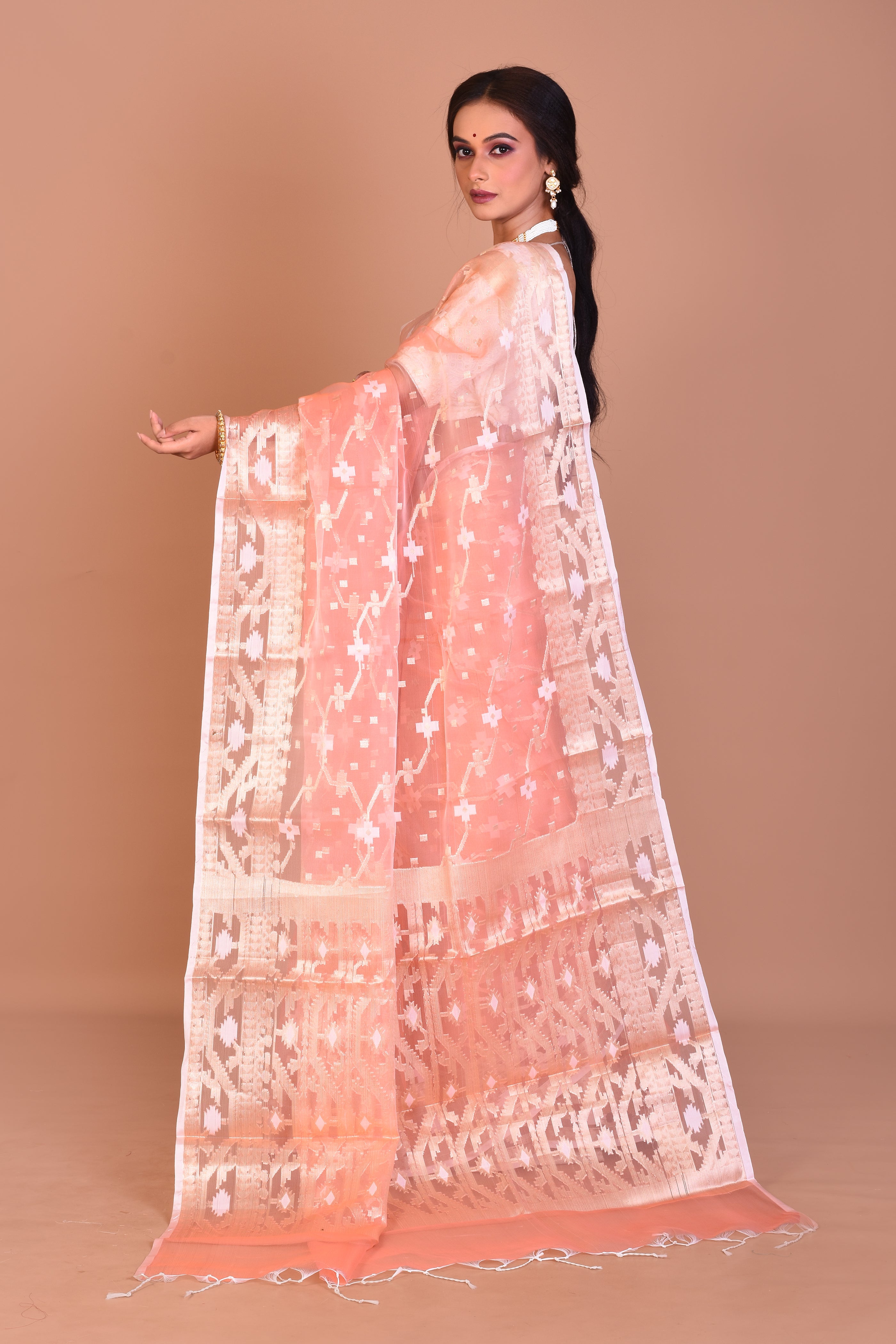 Peach Blended Organza Saree with Blouse Piece - Keya Seth Exclusive