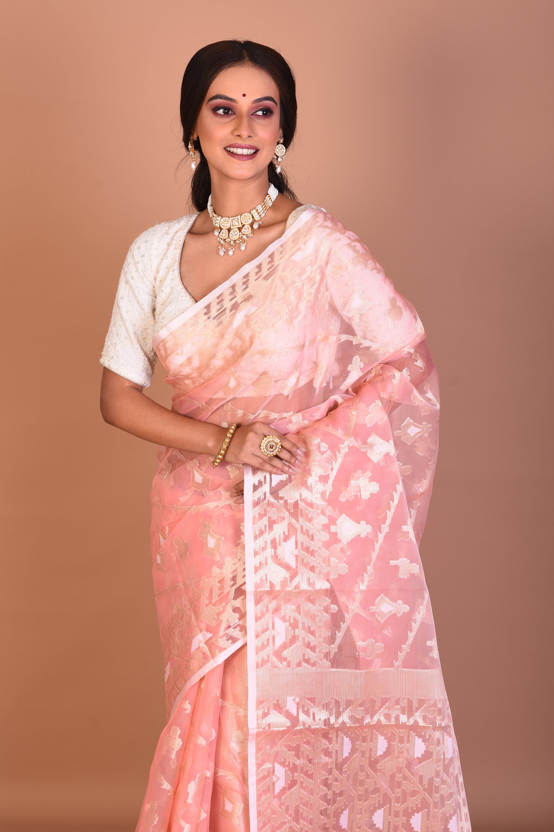 Peach Blended Organza Saree with Blouse Piece - Keya Seth Exclusive