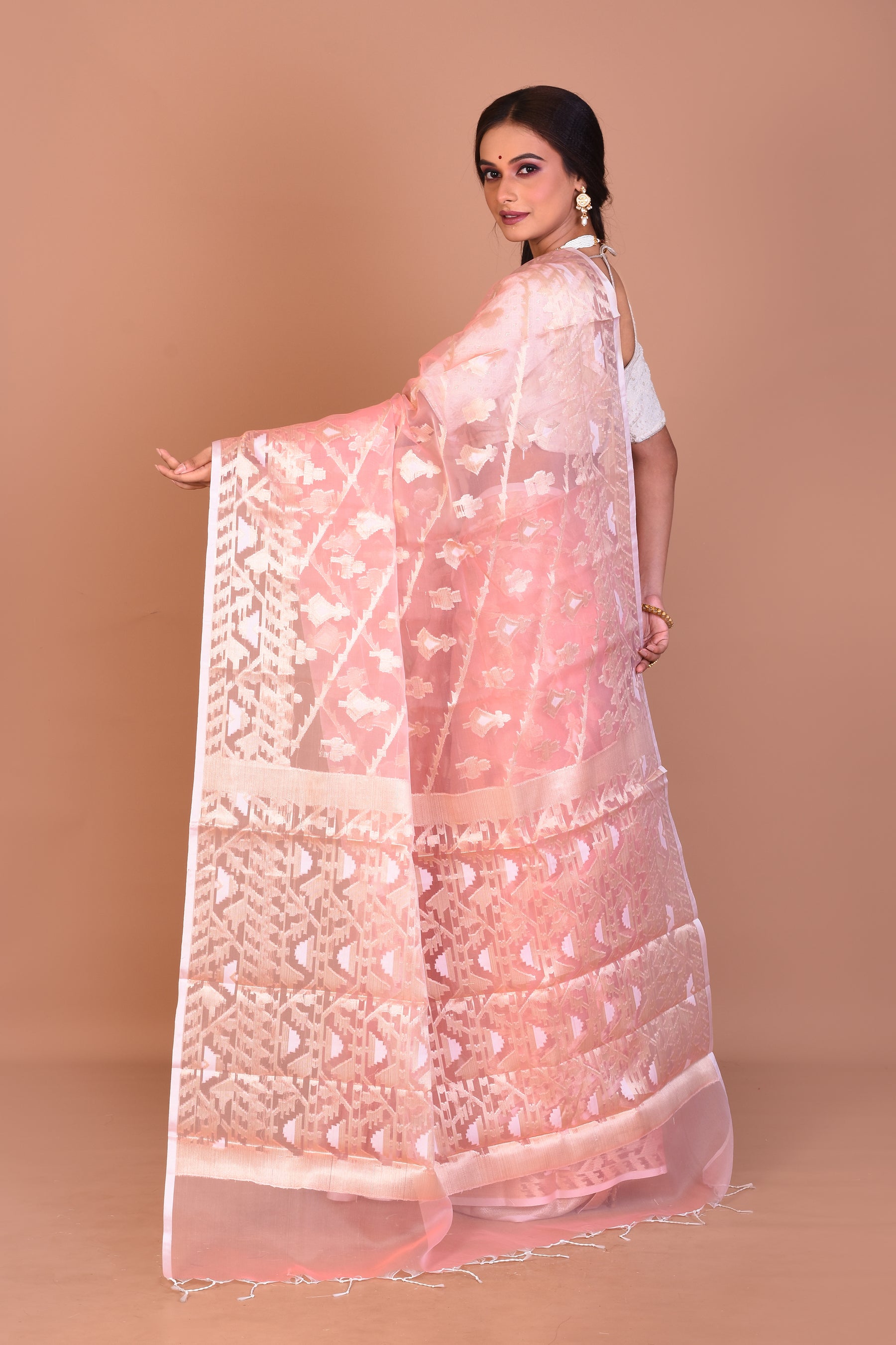 Peach Blended Organza Saree with Blouse Piece - Keya Seth Exclusive