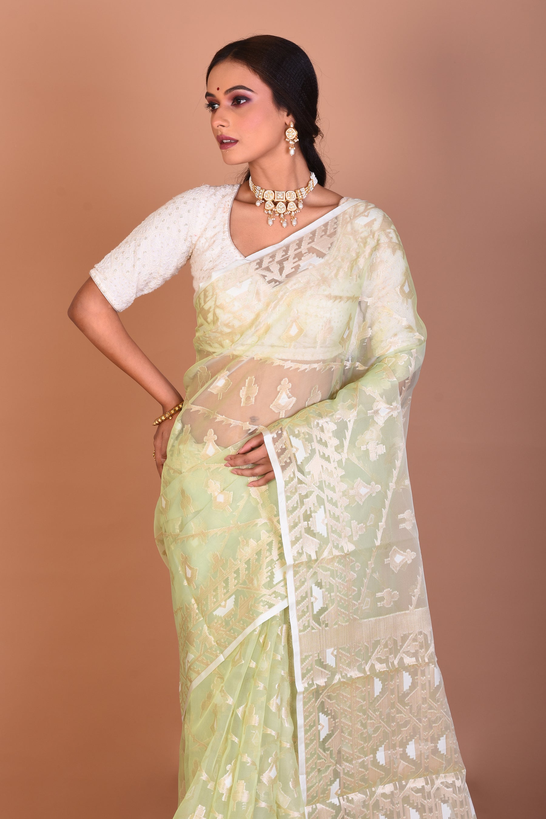 Pastel Green Blended Organza Saree with Blouse Piece - Keya Seth Exclusive