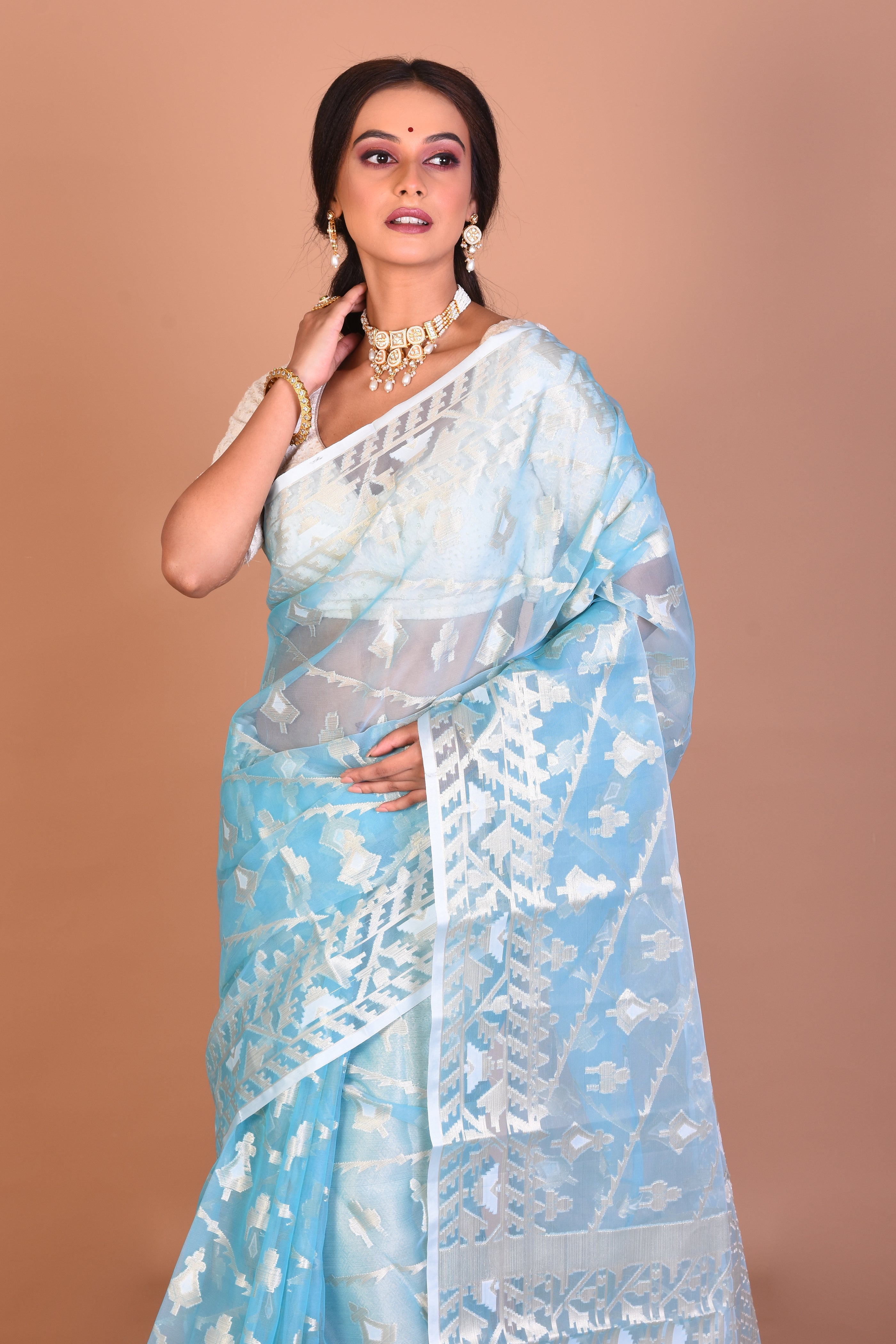 Sky Blue Blended Organza Saree with Blouse Piece - Keya Seth Exclusive