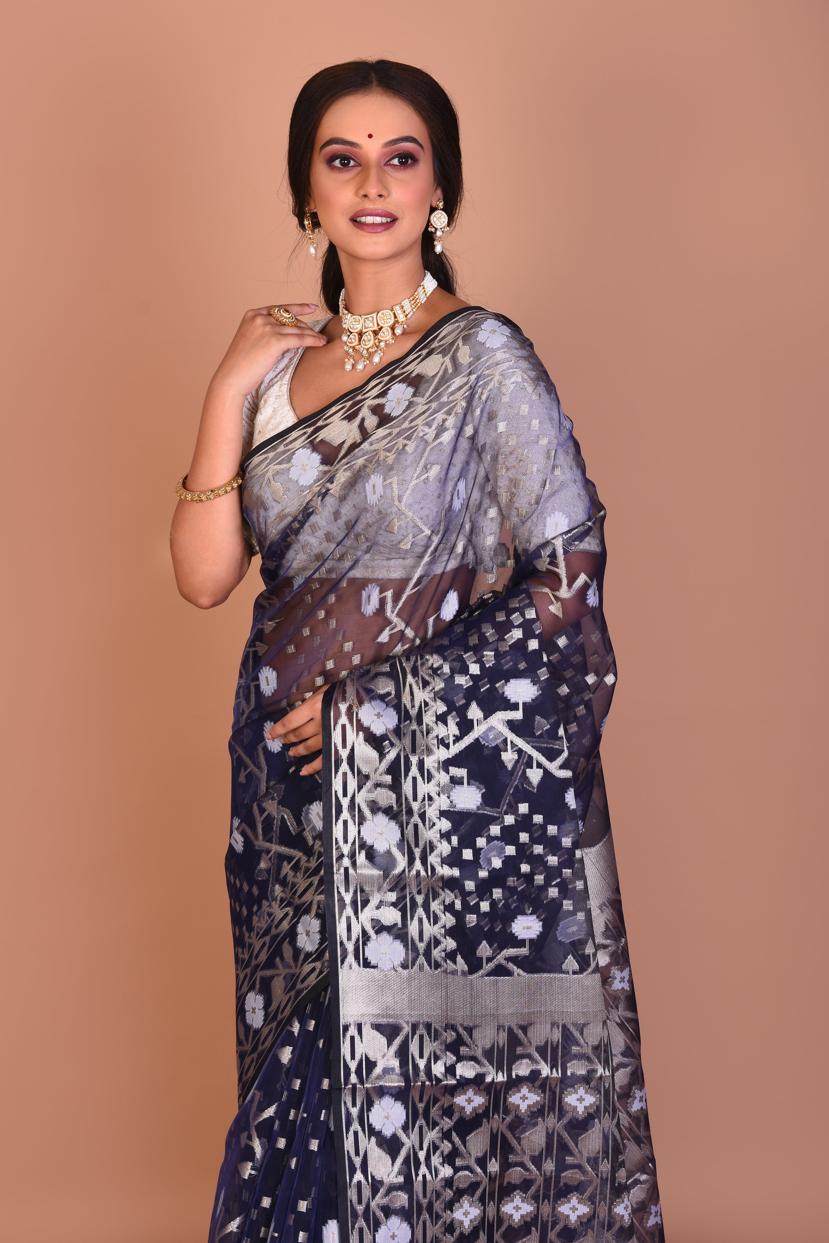 Navy Blue Blended Organza Saree with Blouse Piece - Keya Seth Exclusive