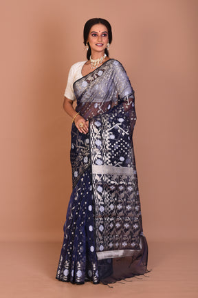 Navy Blue Blended Organza Saree with Blouse Piece - Keya Seth Exclusive