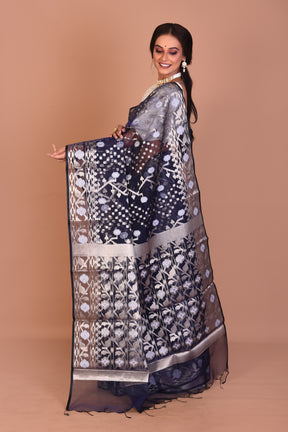 Navy Blue Blended Organza Saree with Blouse Piece - Keya Seth Exclusive