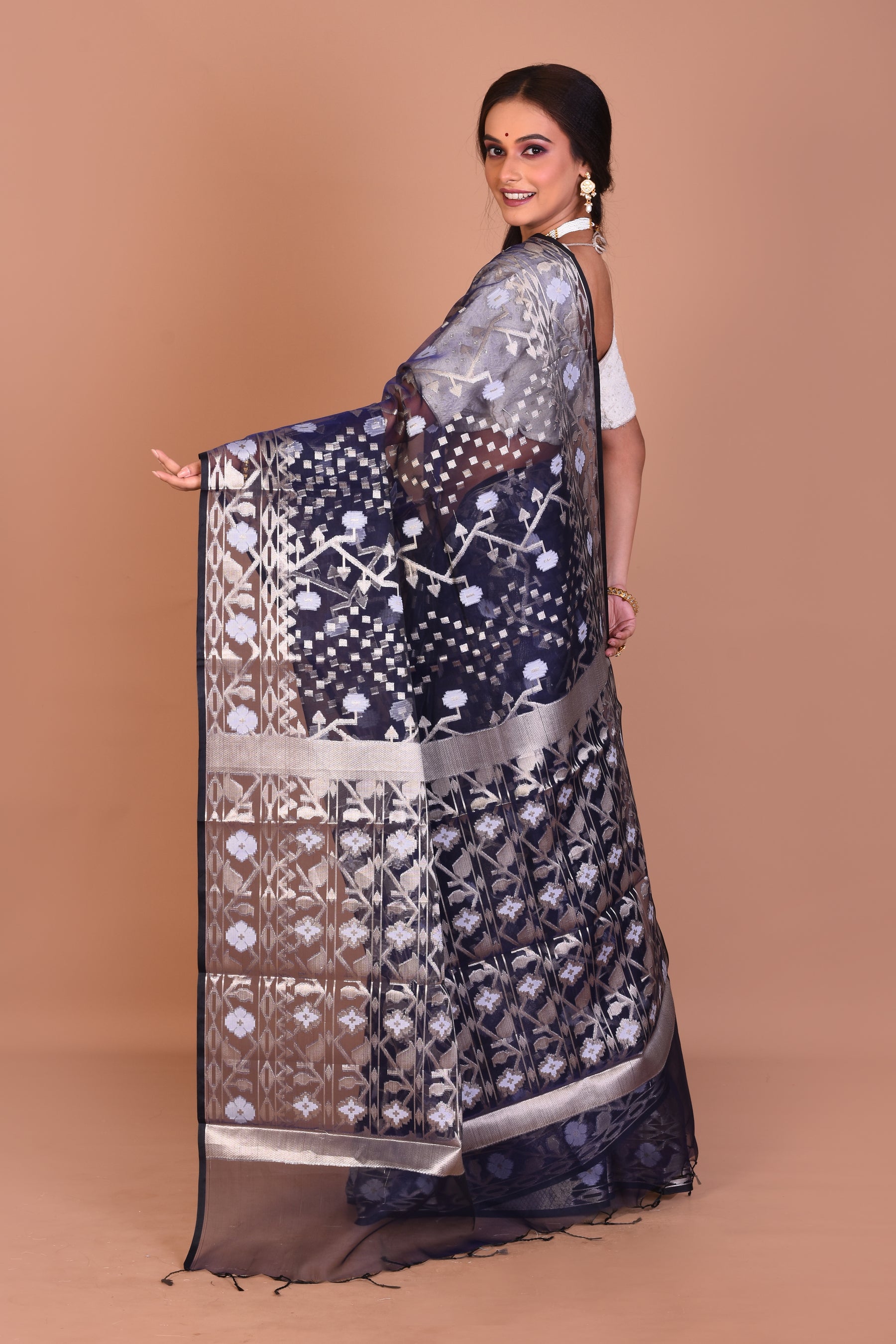 Navy Blue Blended Organza Saree with Blouse Piece - Keya Seth Exclusive