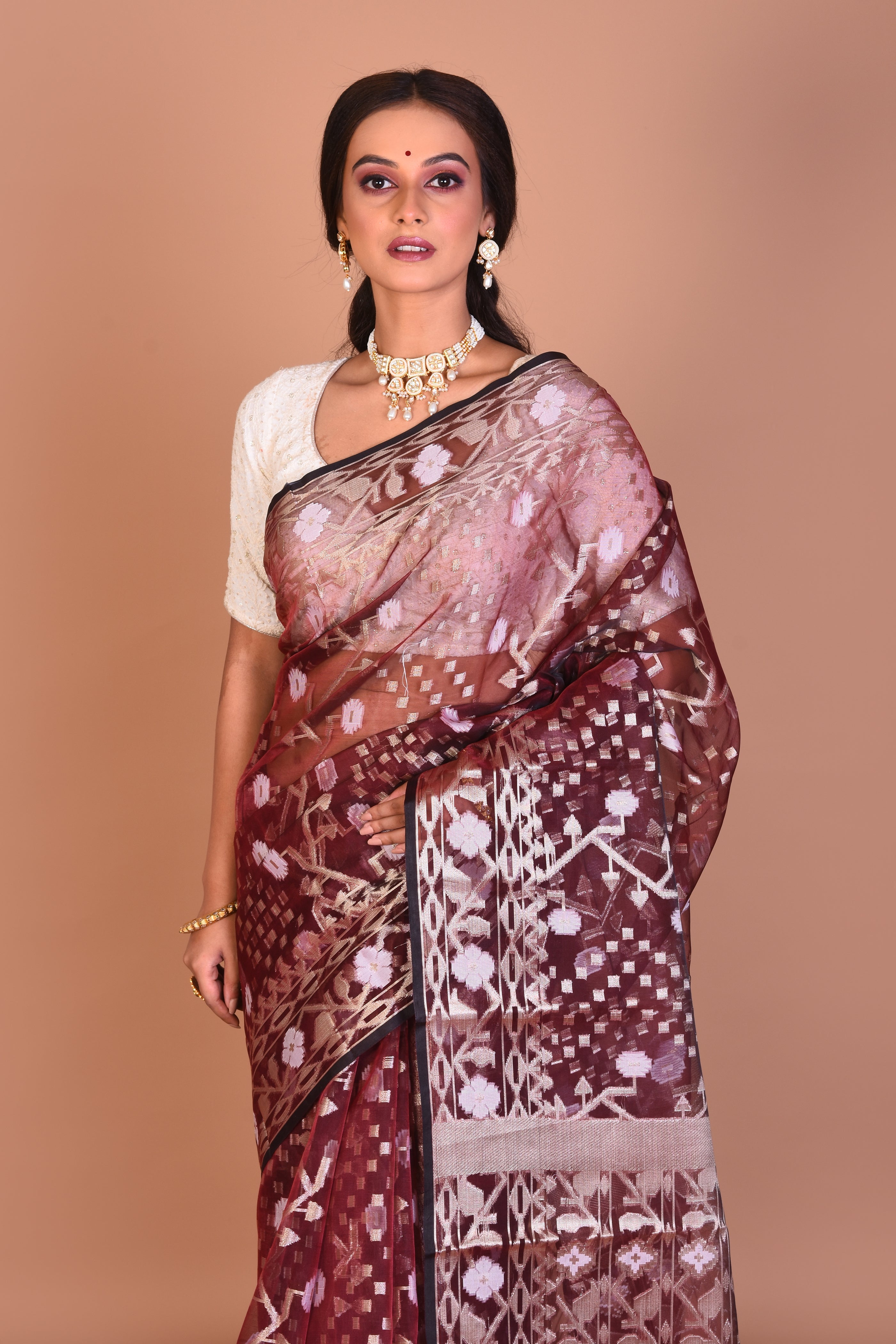 Maroon Blended Organza Saree with Blouse Piece - Keya Seth Exclusive