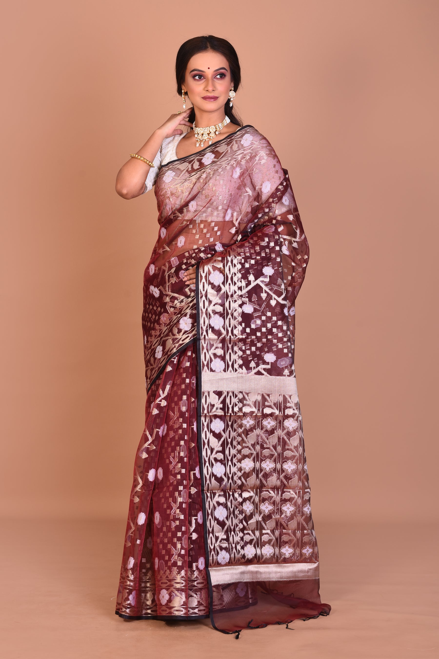 Maroon Blended Organza Saree with Blouse Piece - Keya Seth Exclusive