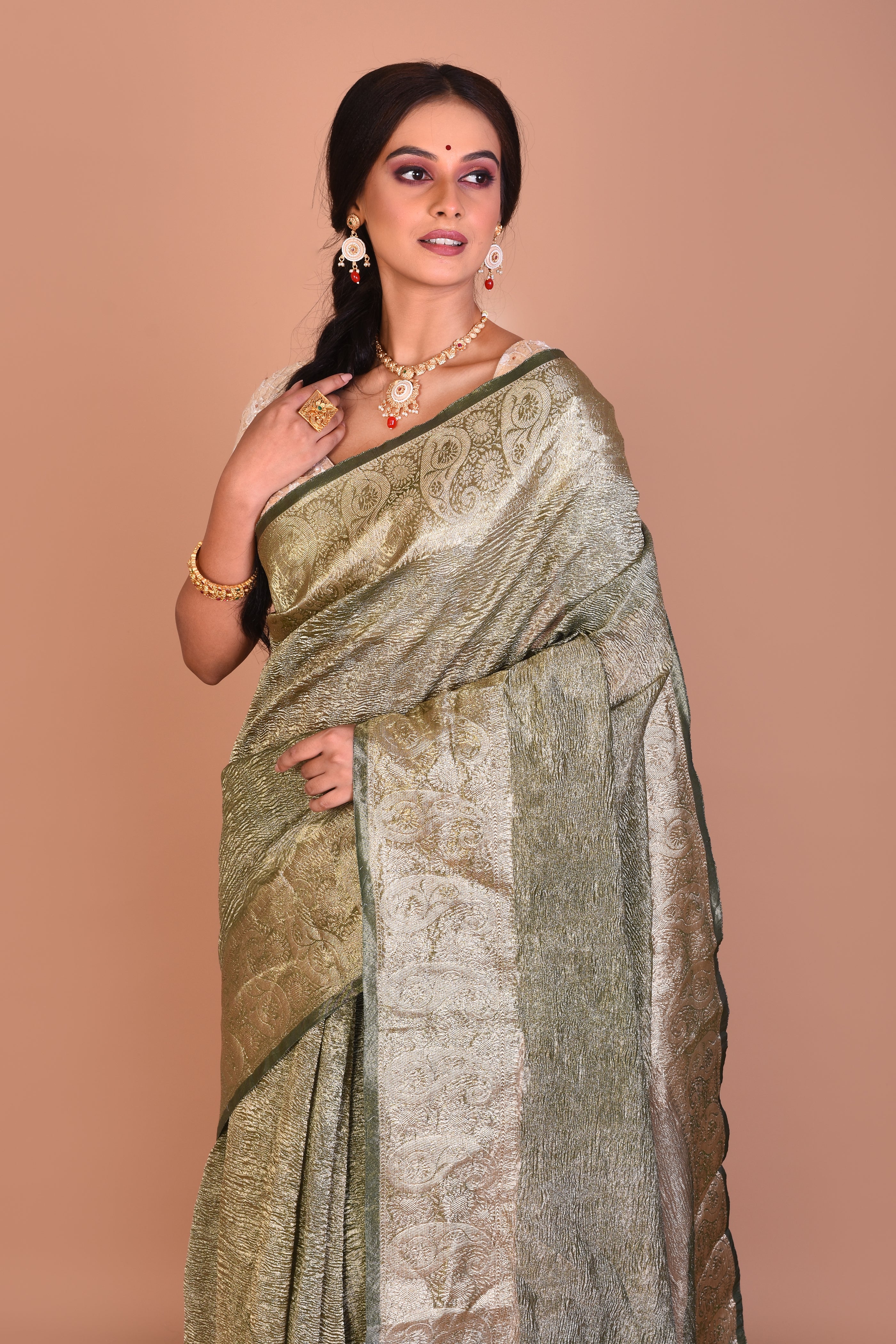 Green and Golden Fancy Blended Tissue Saree with Blouse Piece - Keya Seth Exclusive