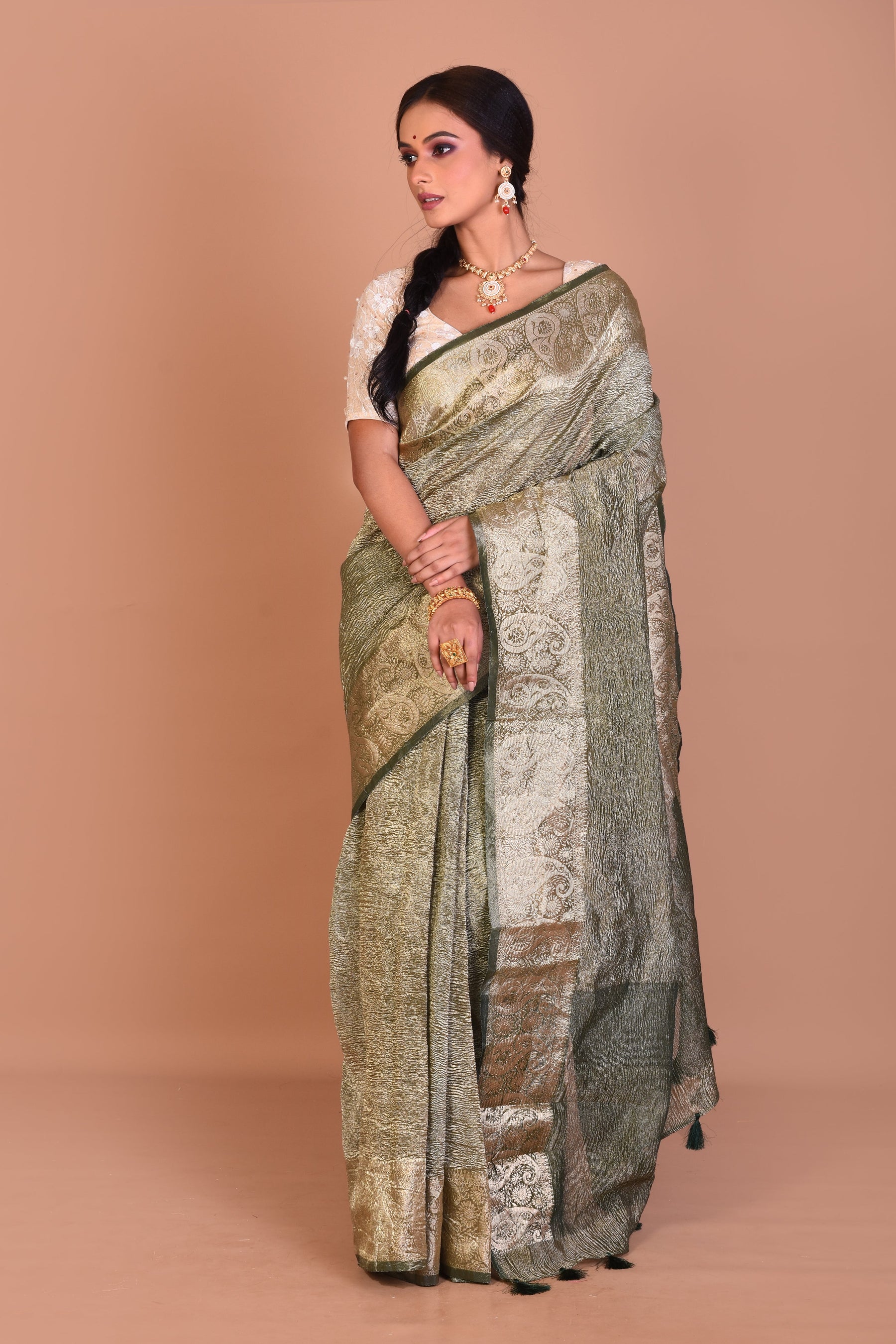 Green and Golden Fancy Blended Tissue Saree with Blouse Piece - Keya Seth Exclusive