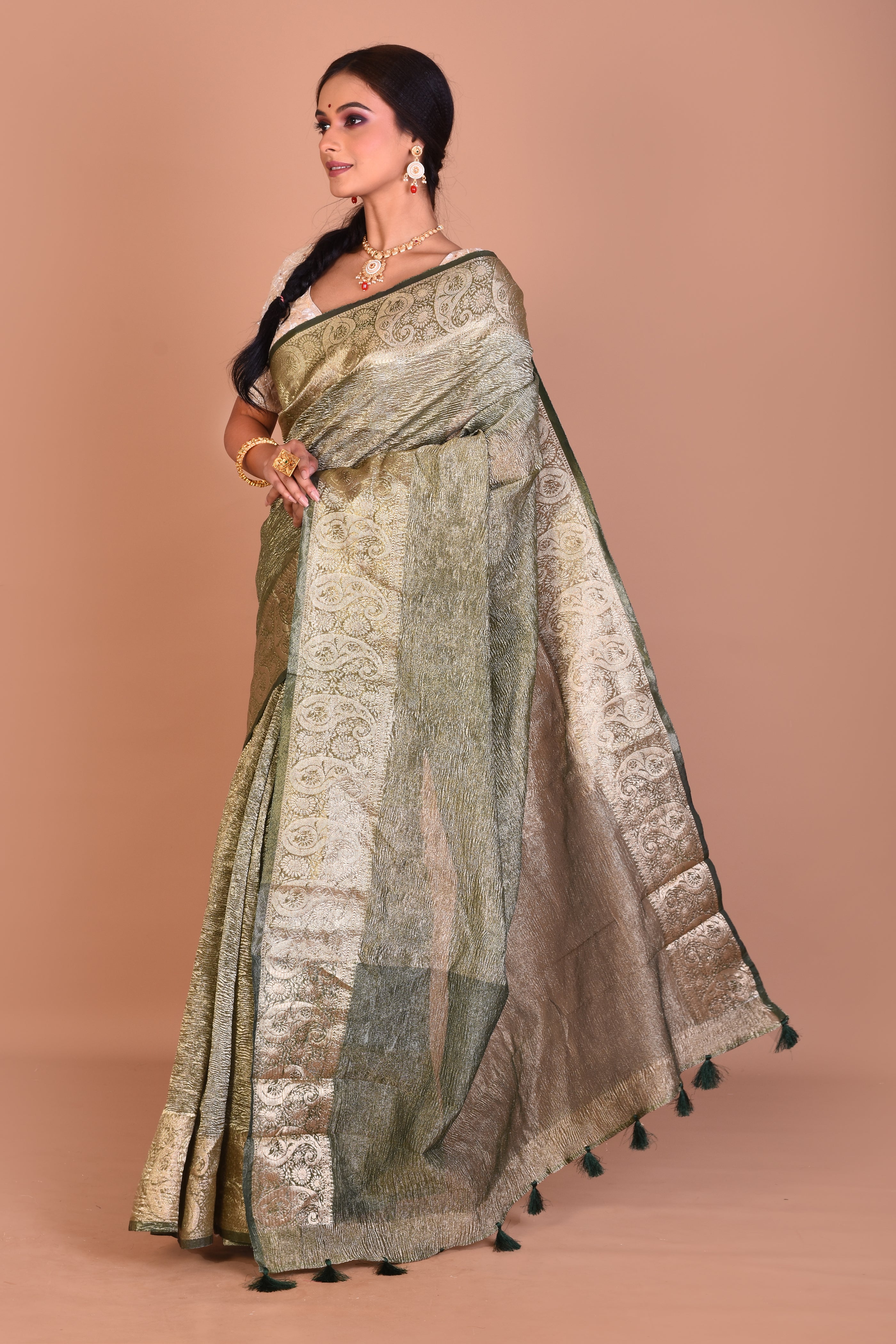 Green and Golden Fancy Blended Tissue Saree with Blouse Piece - Keya Seth Exclusive