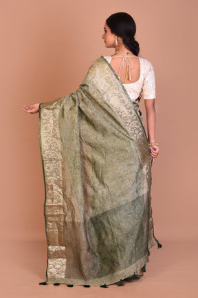 Green and Golden Fancy Blended Tissue Saree with Blouse Piece - Keya Seth Exclusive