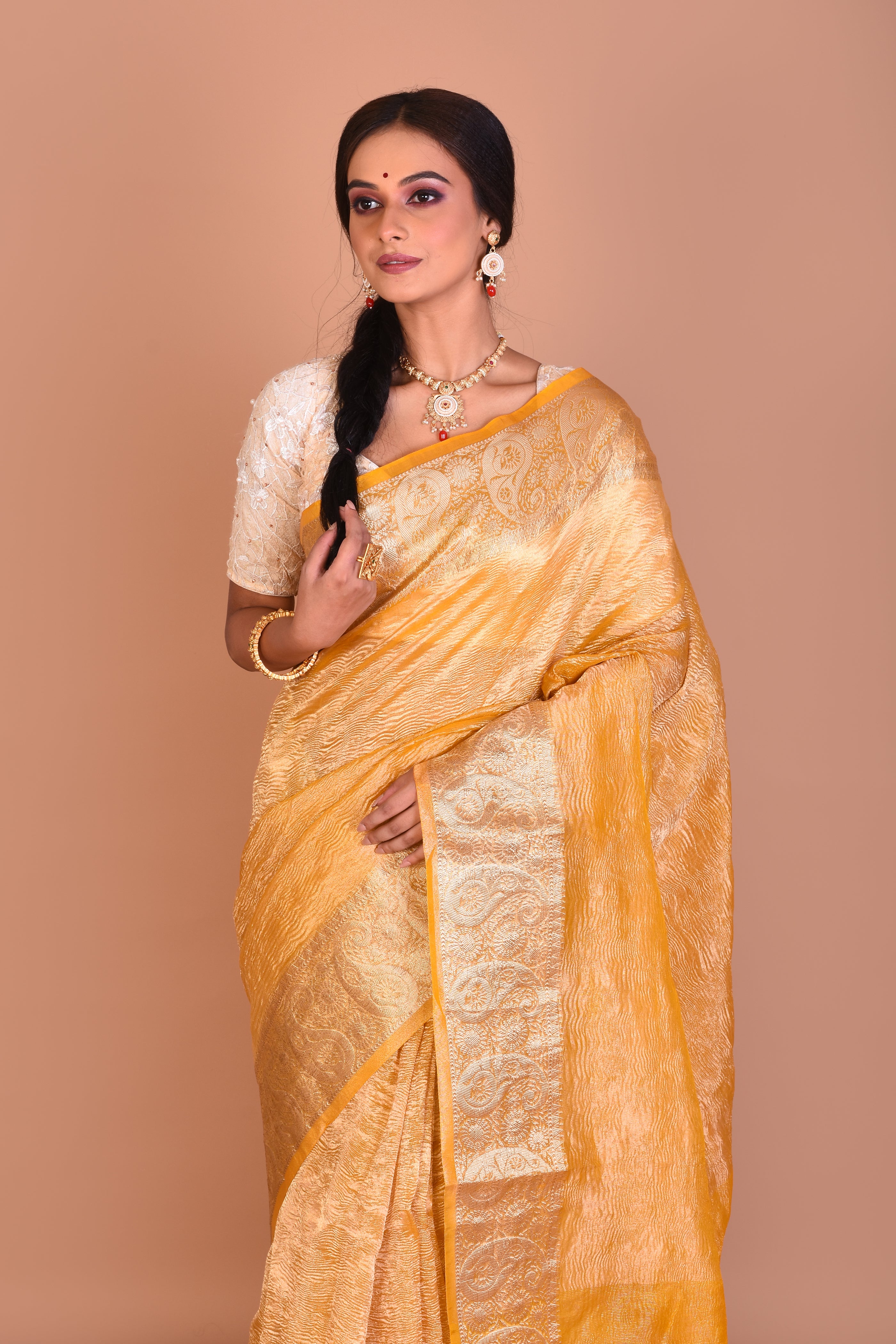 Yellow and Golden Fancy Blended Tissue Saree with Blouse Piece - Keya Seth Exclusive