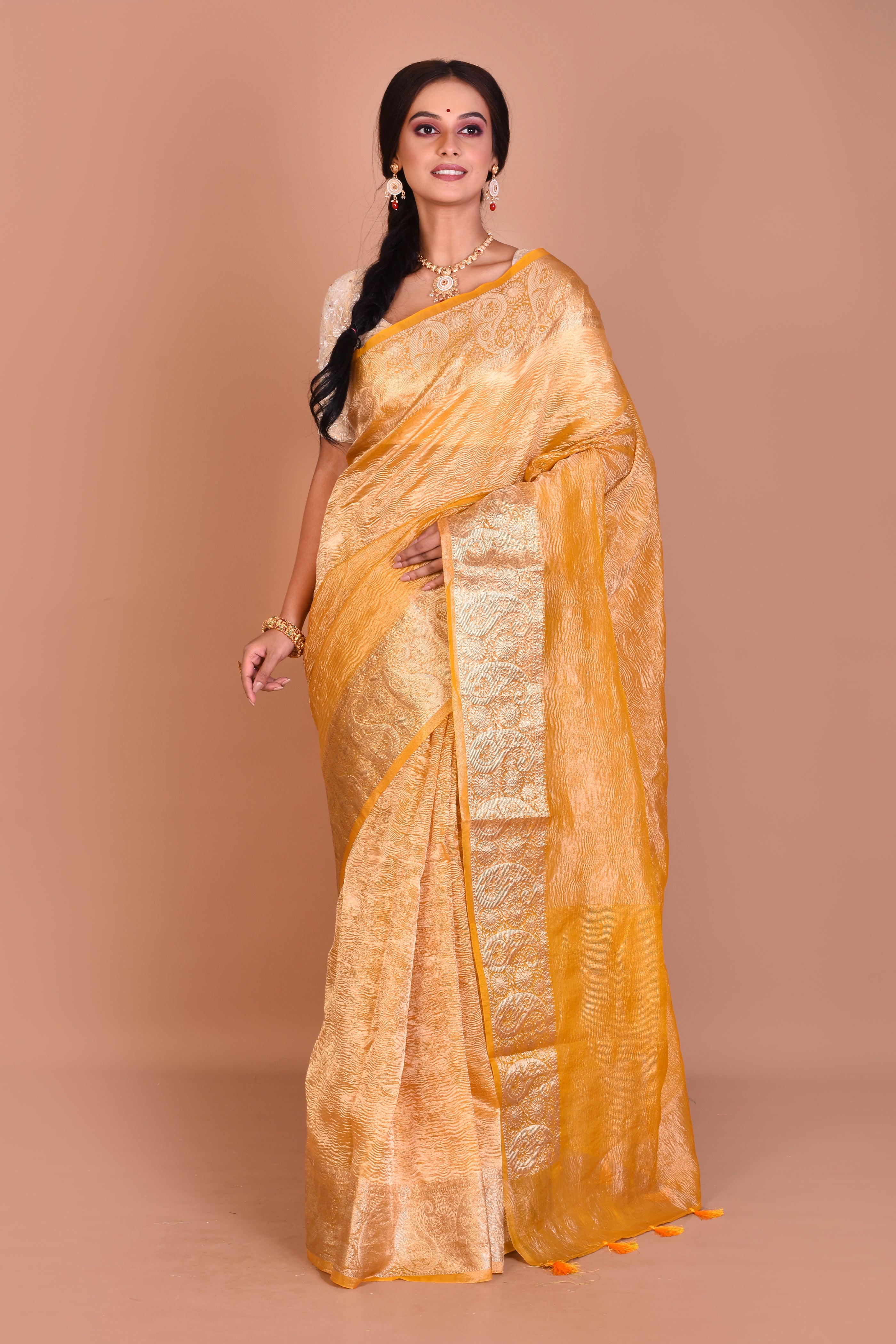 Yellow and Golden Fancy Blended Tissue Saree with Blouse Piece - Keya Seth Exclusive