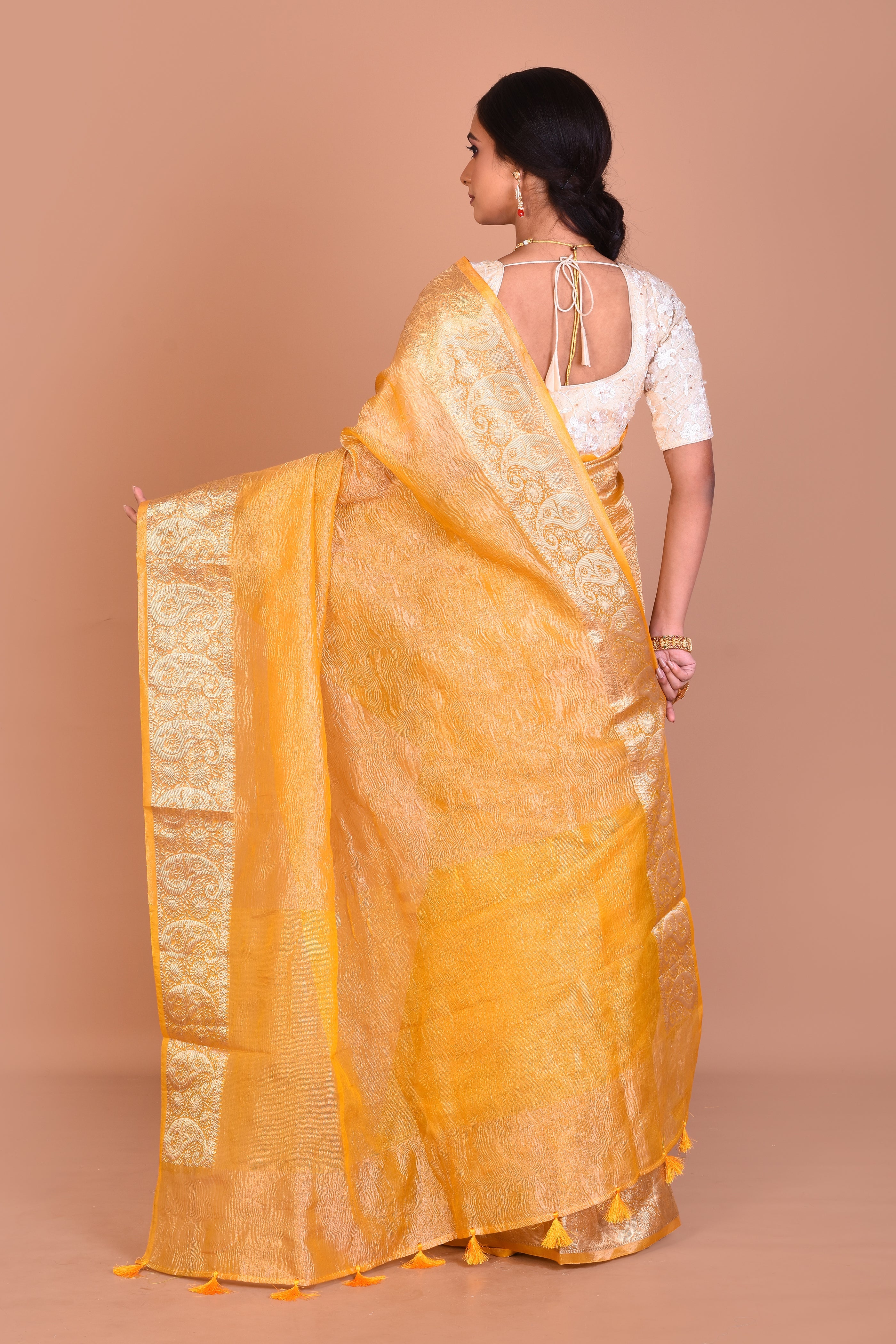 Yellow and Golden Fancy Blended Tissue Saree with Blouse Piece - Keya Seth Exclusive