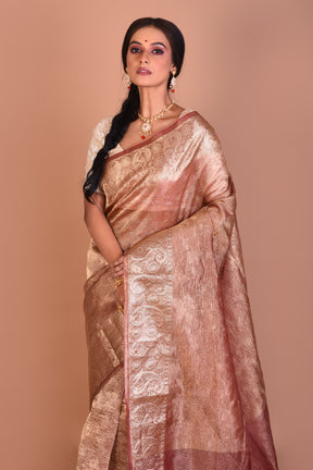 Wine and Golden Fancy Blended Tissue Saree with Blouse Piece - Keya Seth Exclusive