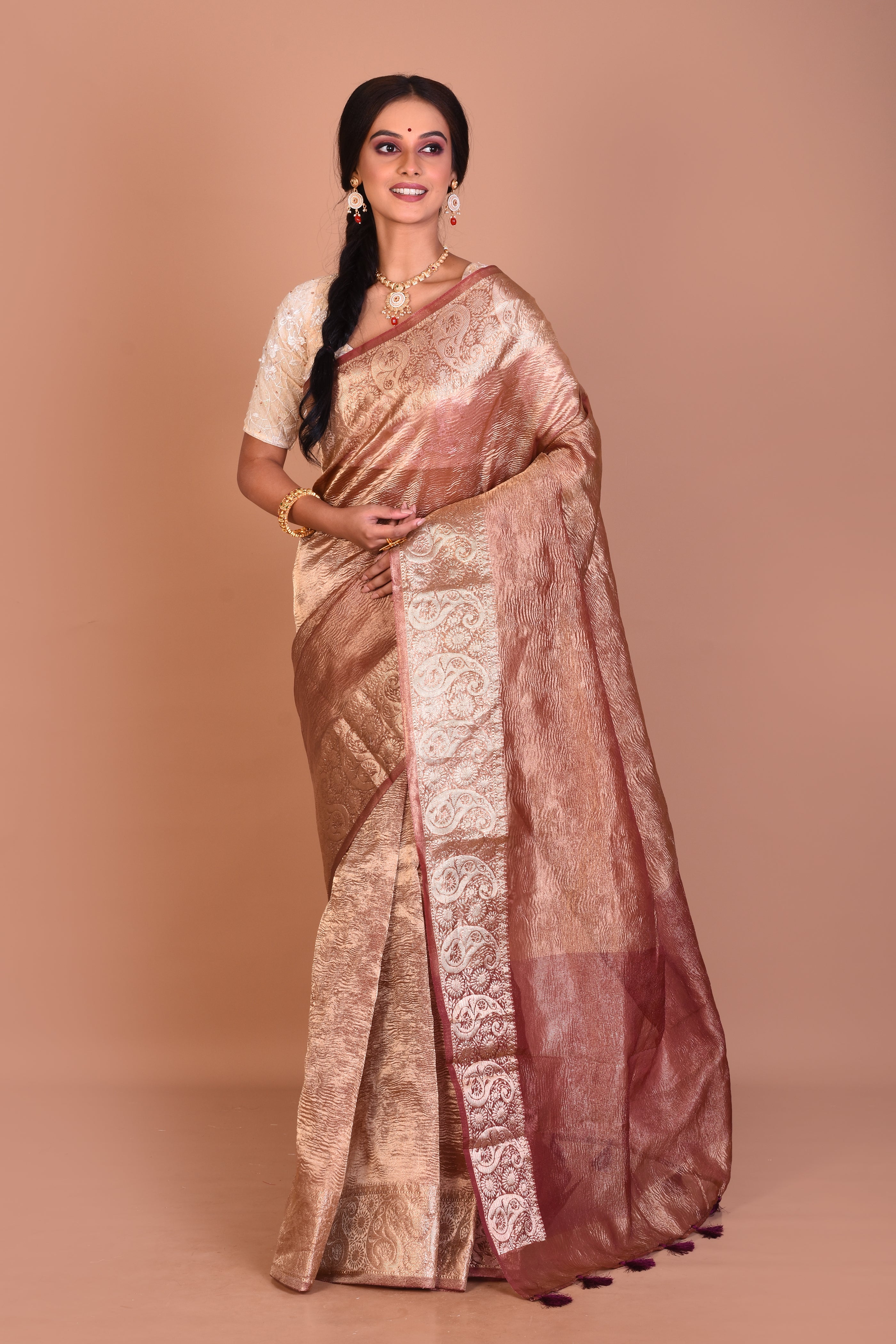 Wine and Golden Fancy Blended Tissue Saree with Blouse Piece - Keya Seth Exclusive