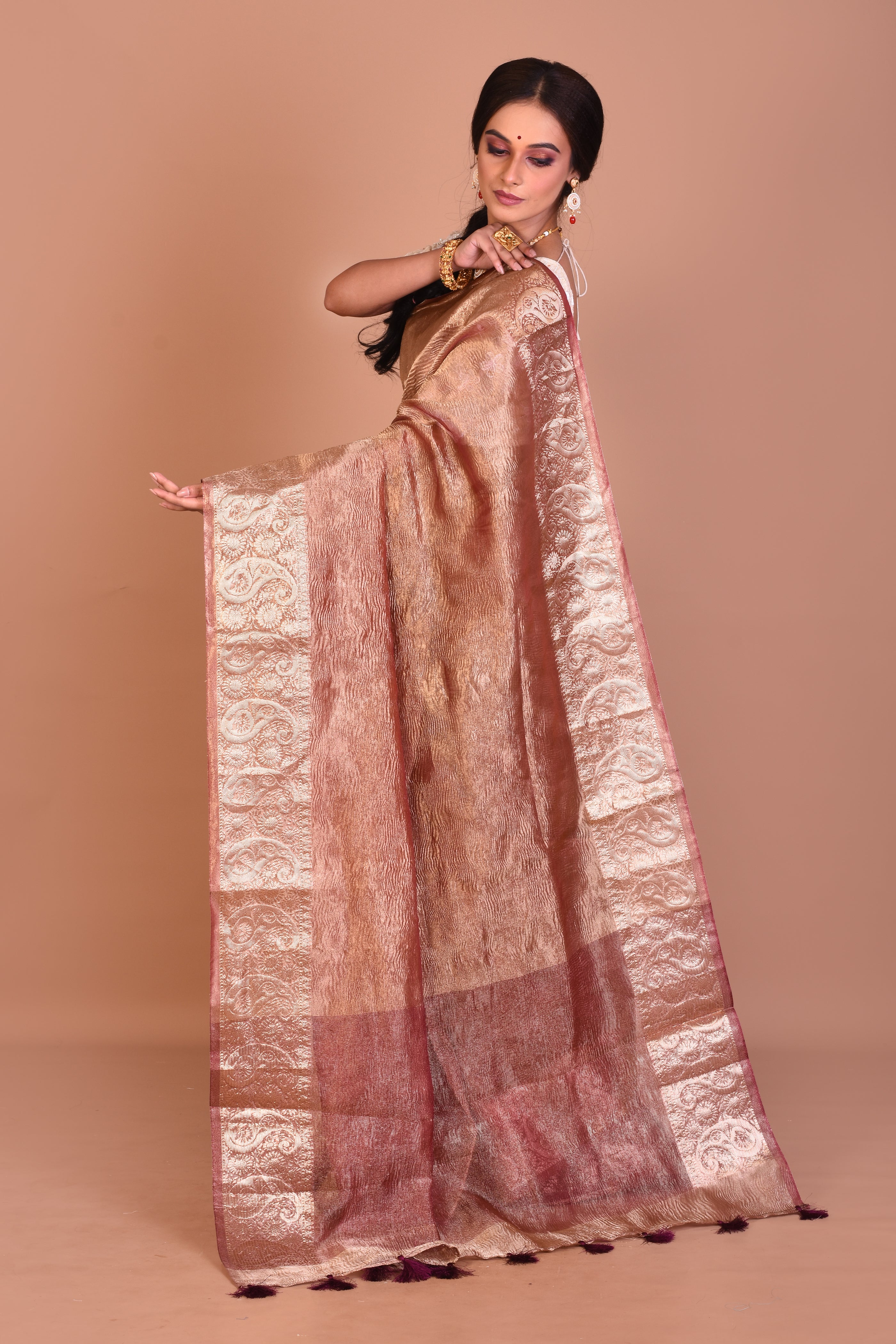 Wine and Golden Fancy Blended Tissue Saree with Blouse Piece - Keya Seth Exclusive