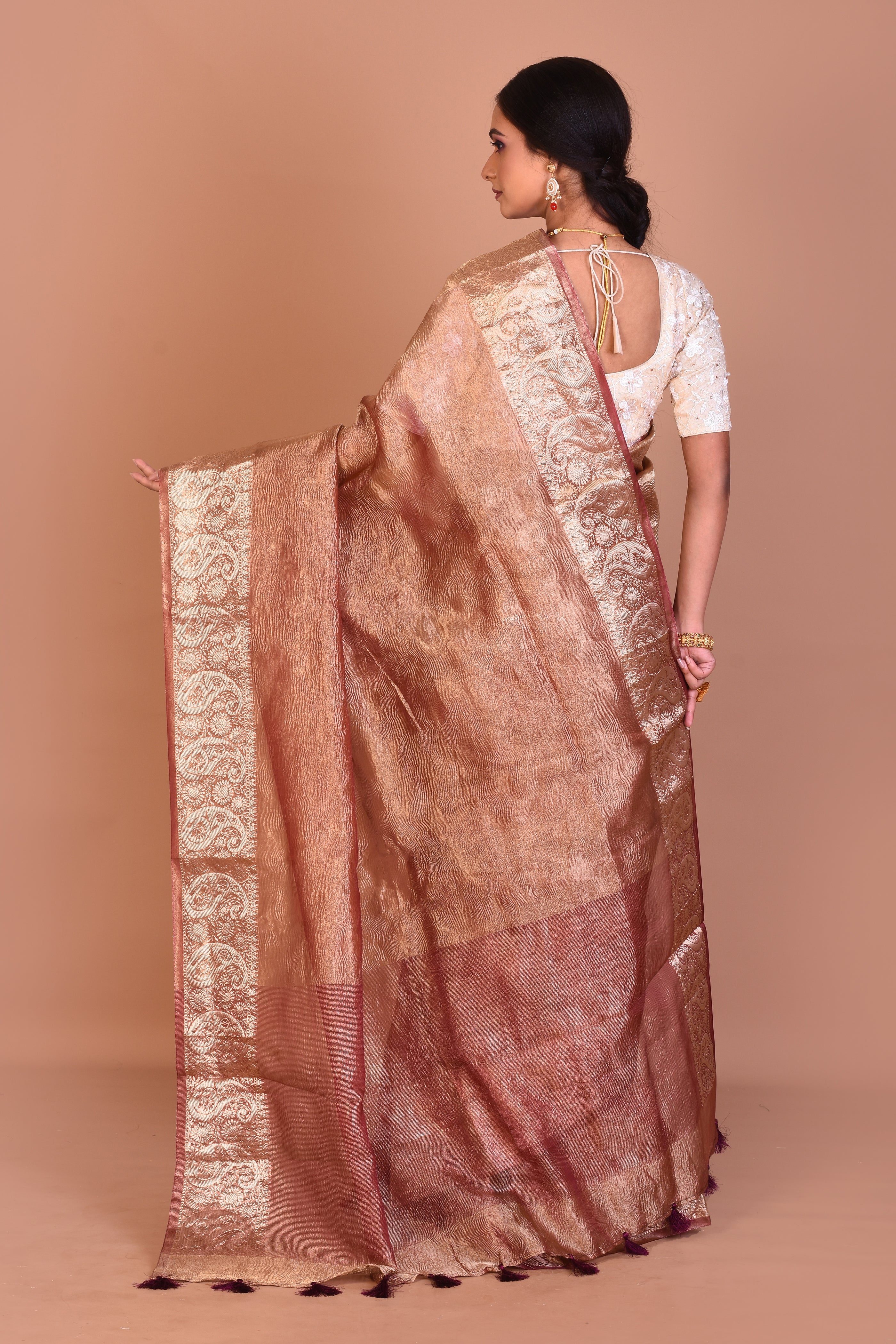 Wine and Golden Fancy Blended Tissue Saree with Blouse Piece - Keya Seth Exclusive