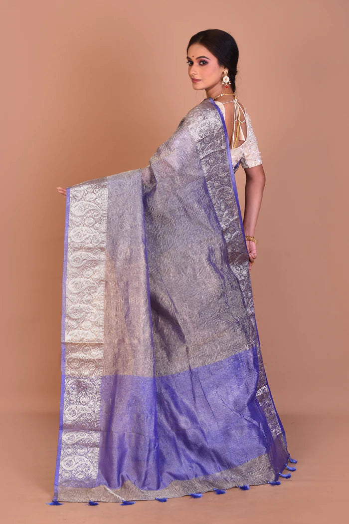Blue and Golden Fancy Blended Tissue Saree with Blouse Piece - Keya Seth Exclusive