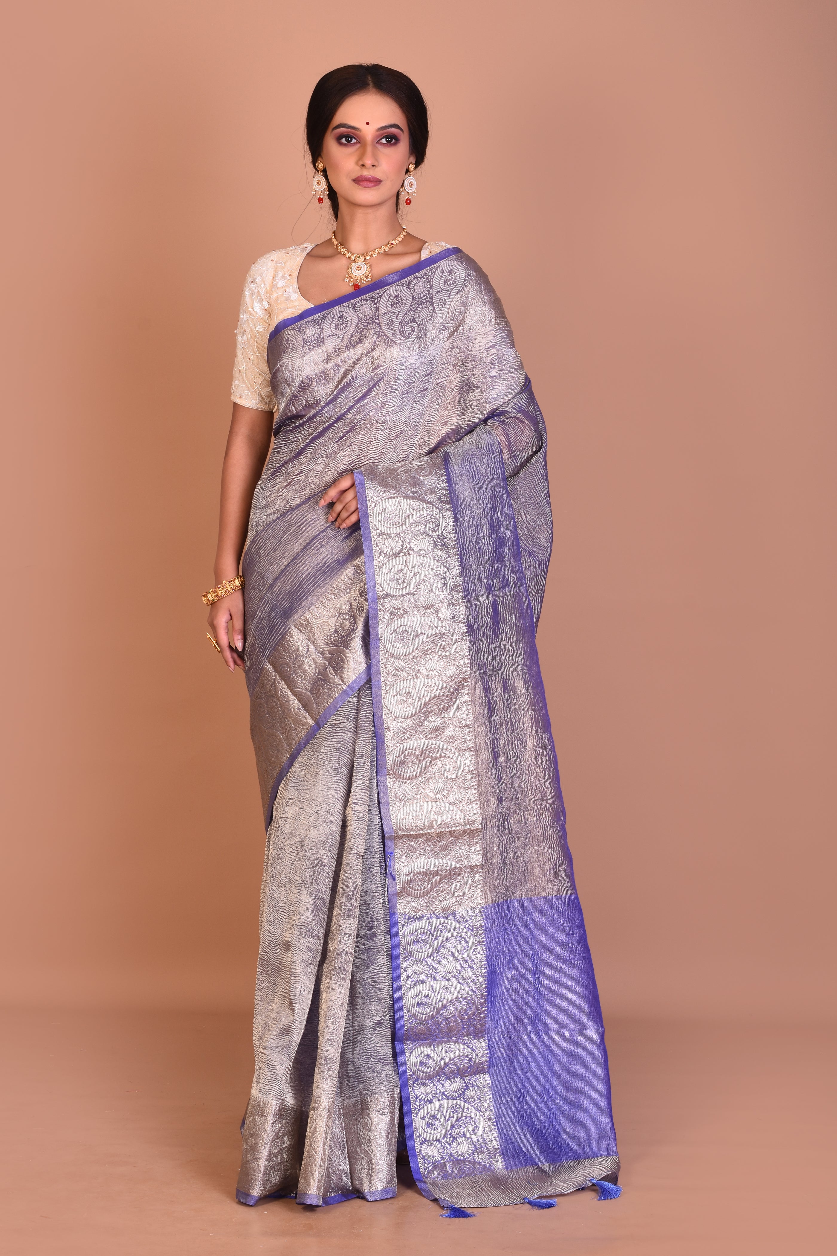 Blue and Golden Fancy Blended Tissue Saree with Blouse Piece - Keya Seth Exclusive