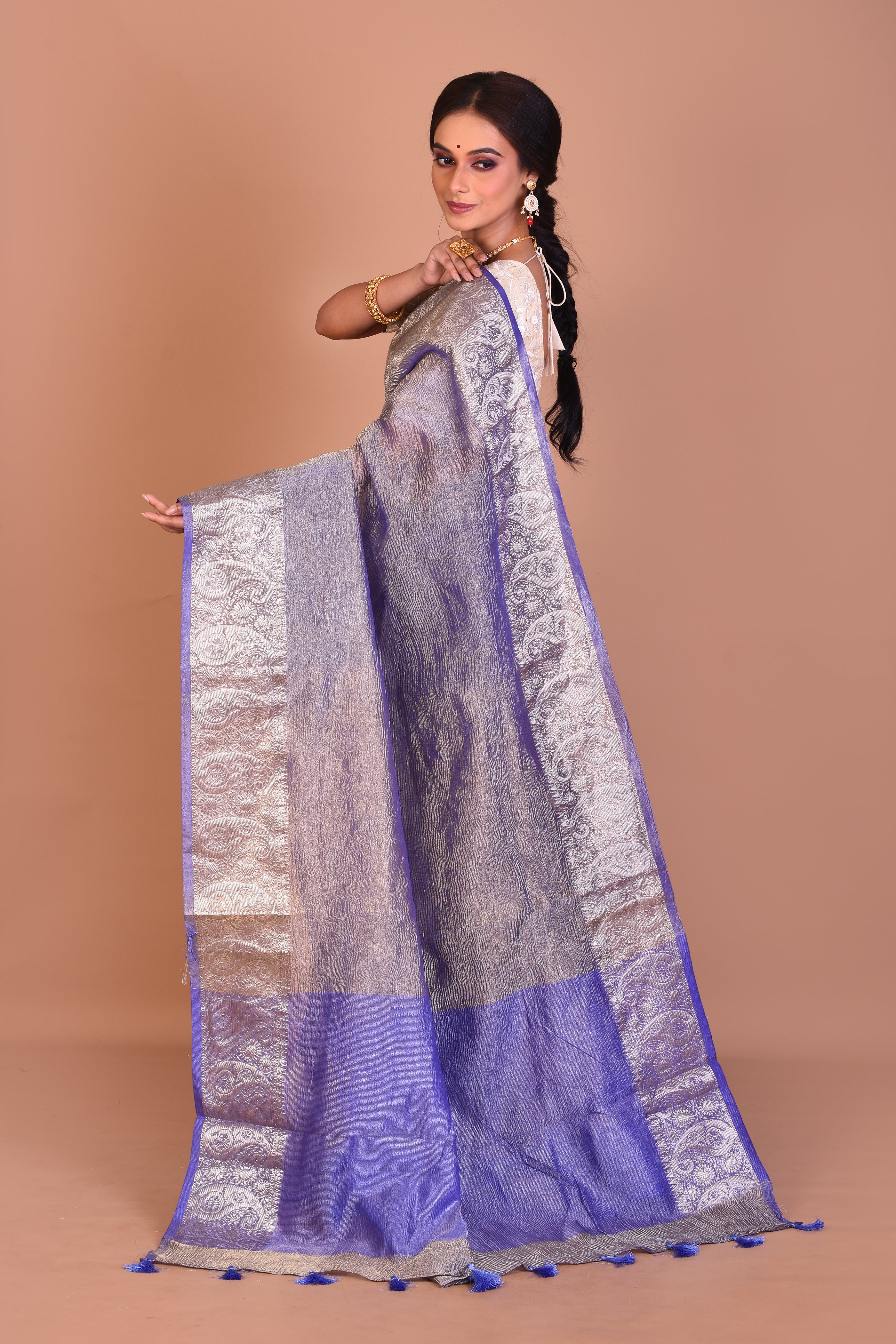 Blue and Golden Fancy Blended Tissue Saree with Blouse Piece - Keya Seth Exclusive