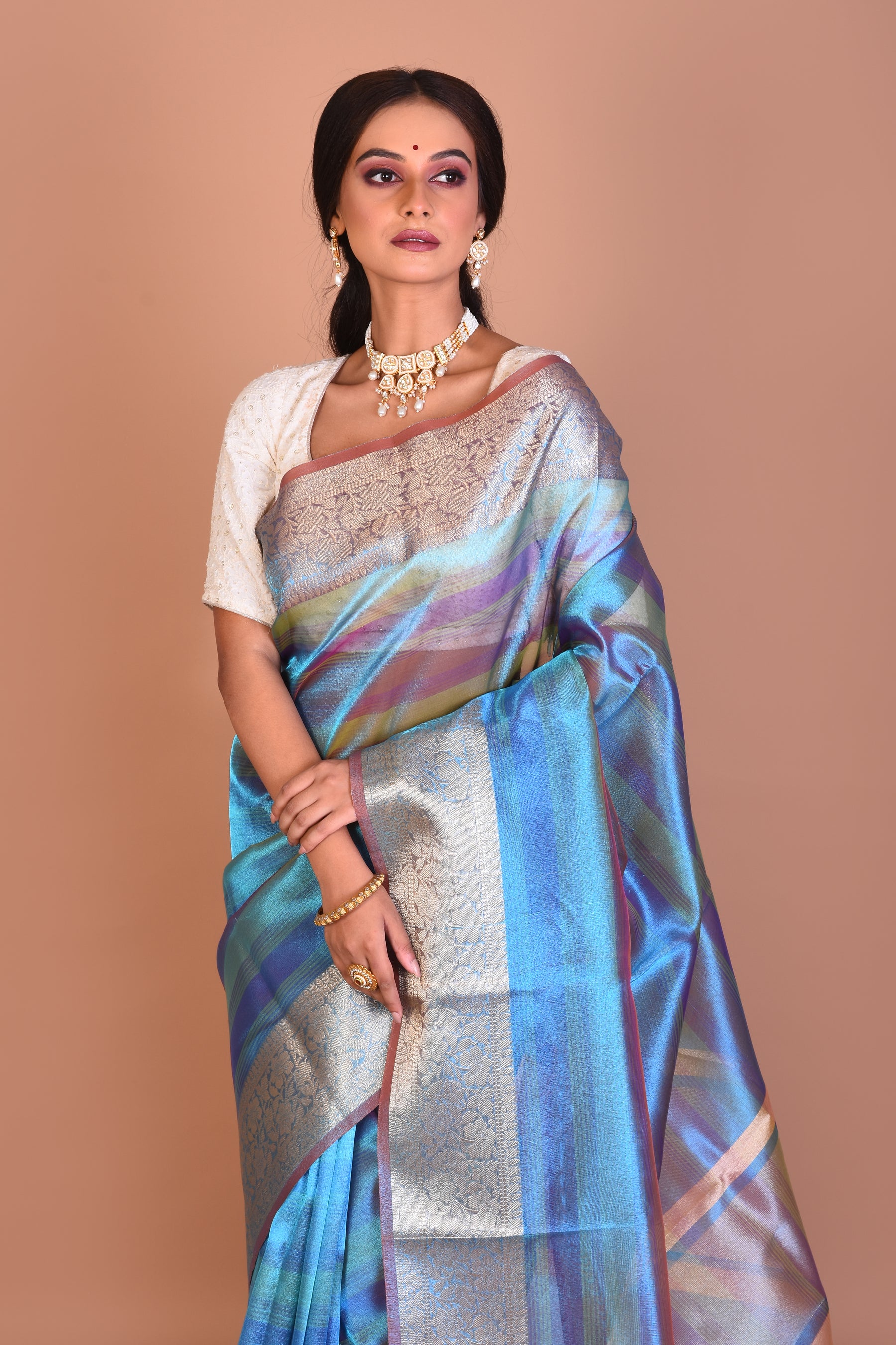 Blue 3D Blended Tissue Saree with Blouse Piece - Keya Seth Exclusive