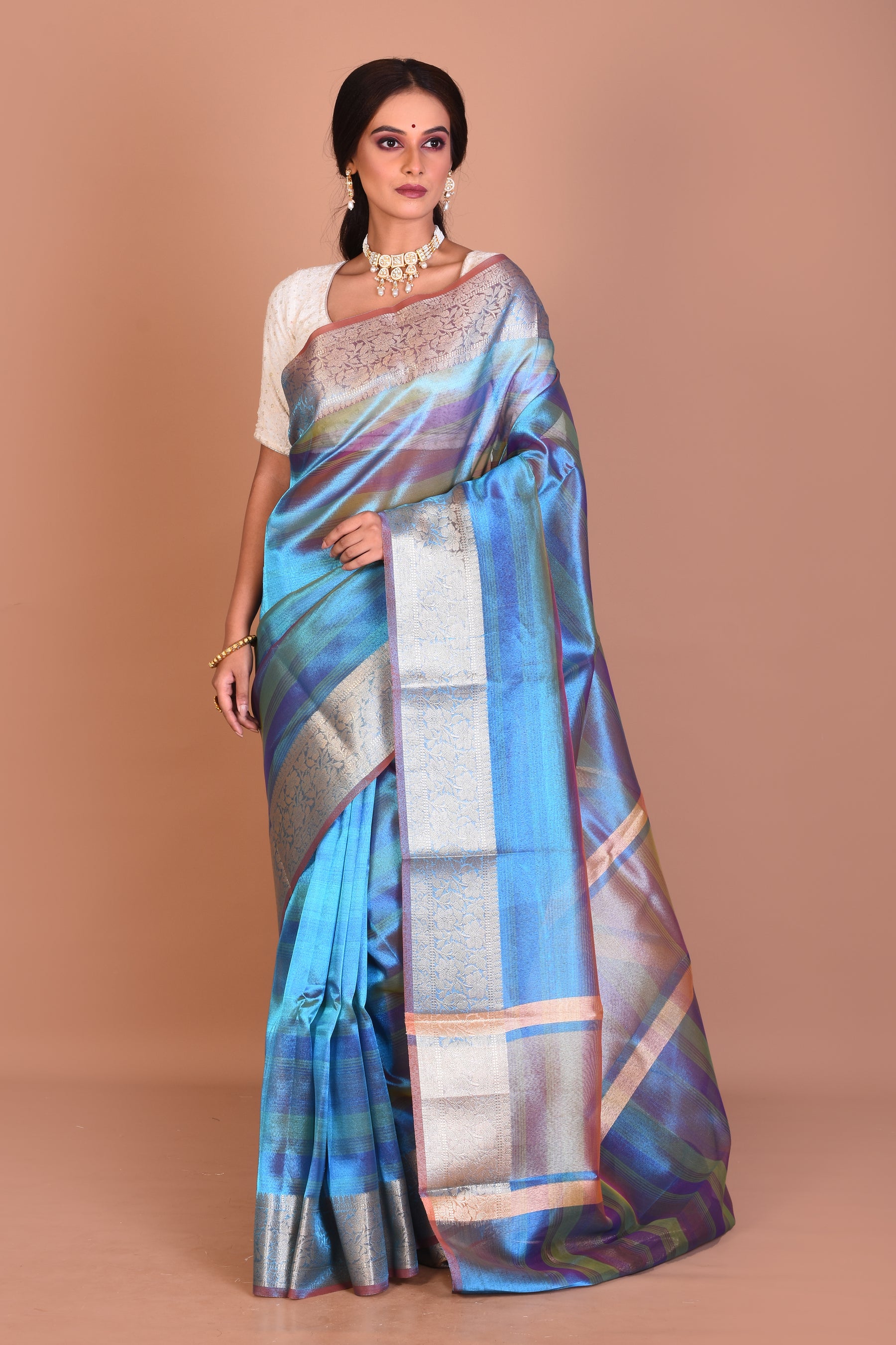 Blue 3D Blended Tissue Saree with Blouse Piece - Keya Seth Exclusive