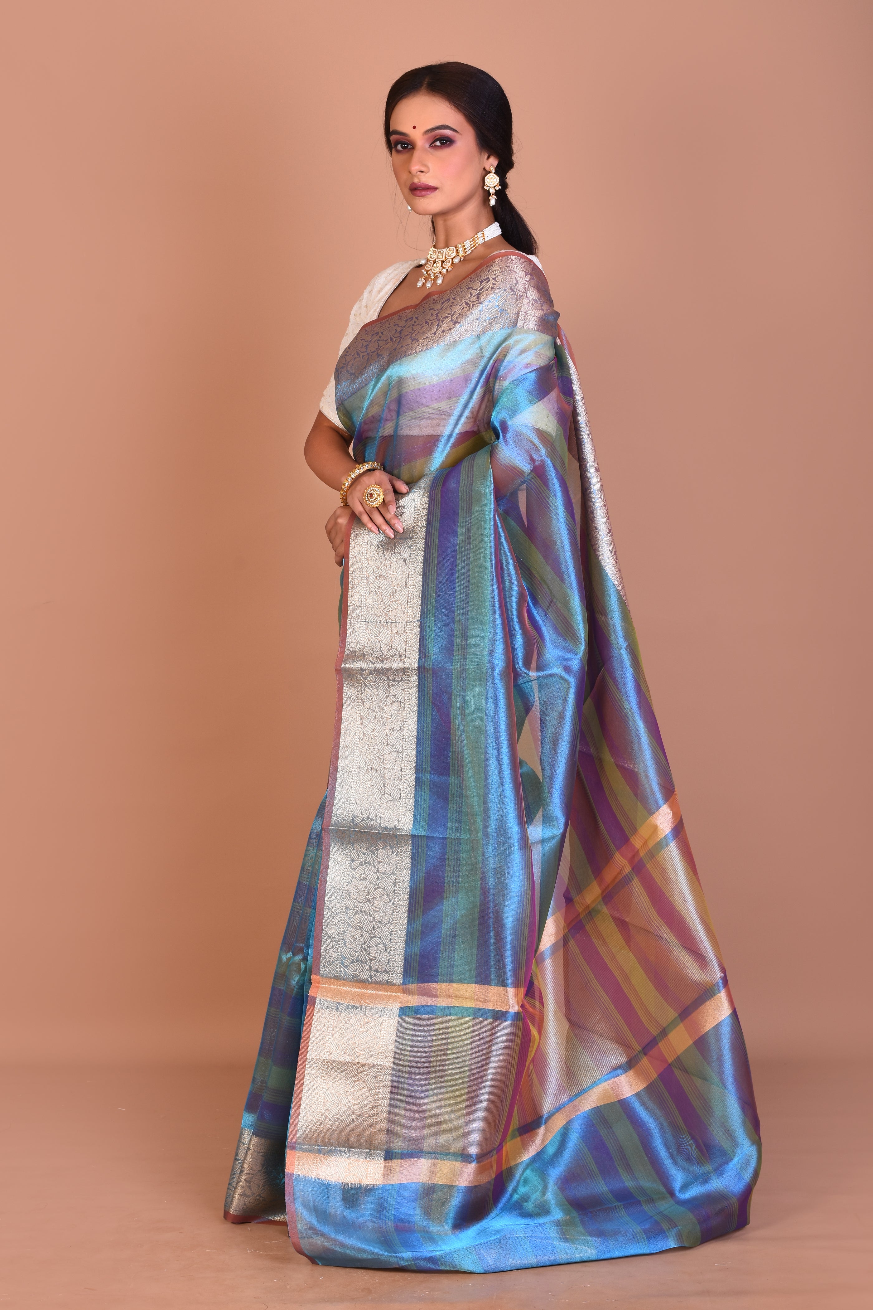 Blue 3D Blended Tissue Saree with Blouse Piece - Keya Seth Exclusive