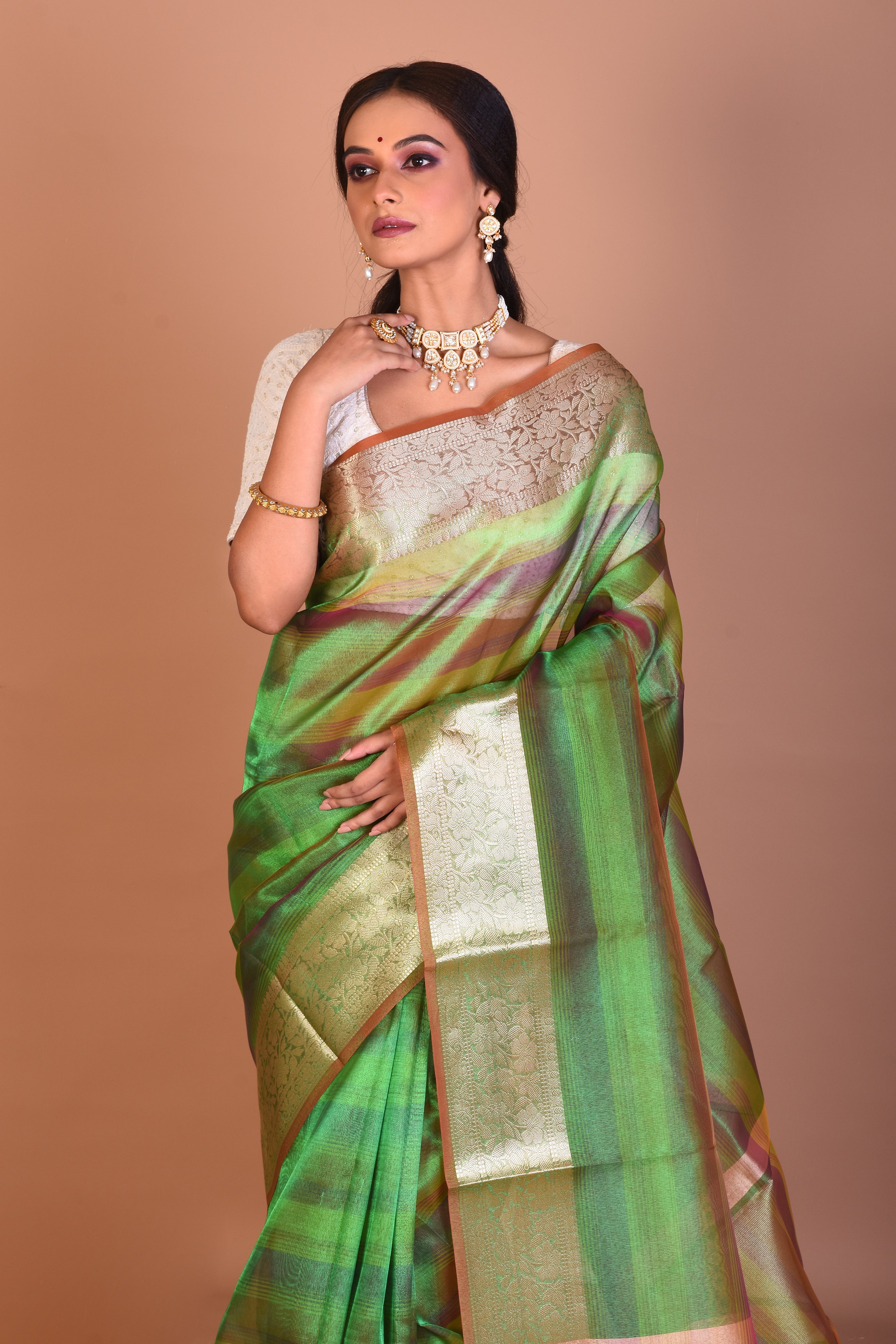 Green 3D Blended Tissue Saree with Blouse Piece - Keya Seth Exclusive