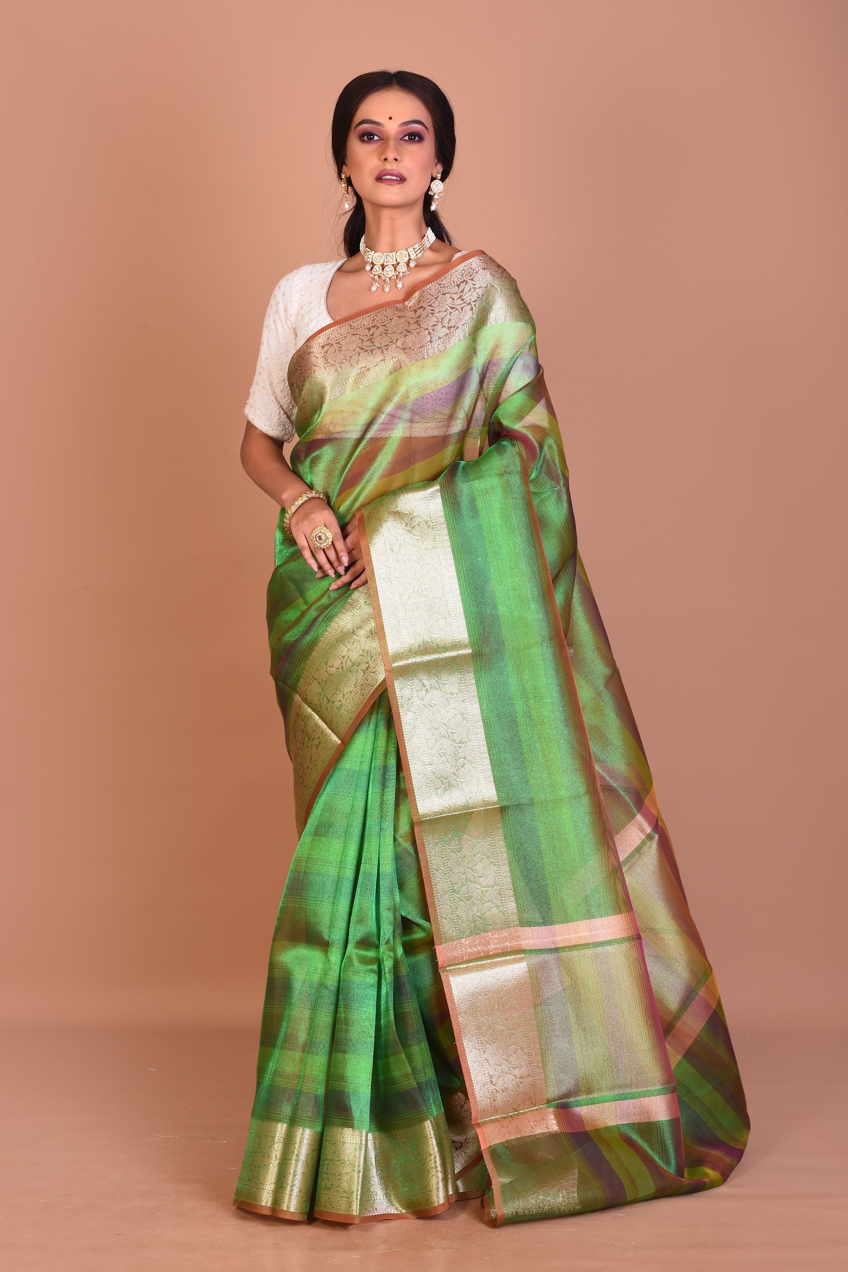 Green 3D Blended Tissue Saree with Blouse Piece - Keya Seth Exclusive