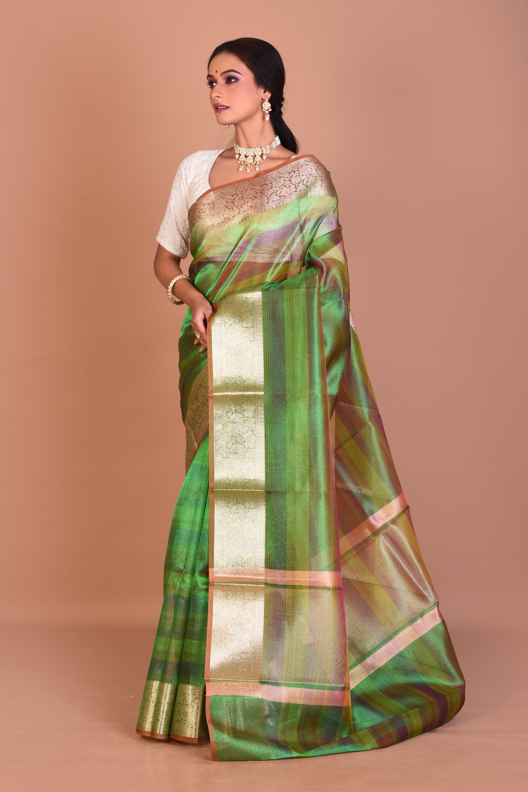 Green 3D Blended Tissue Saree with Blouse Piece - Keya Seth Exclusive