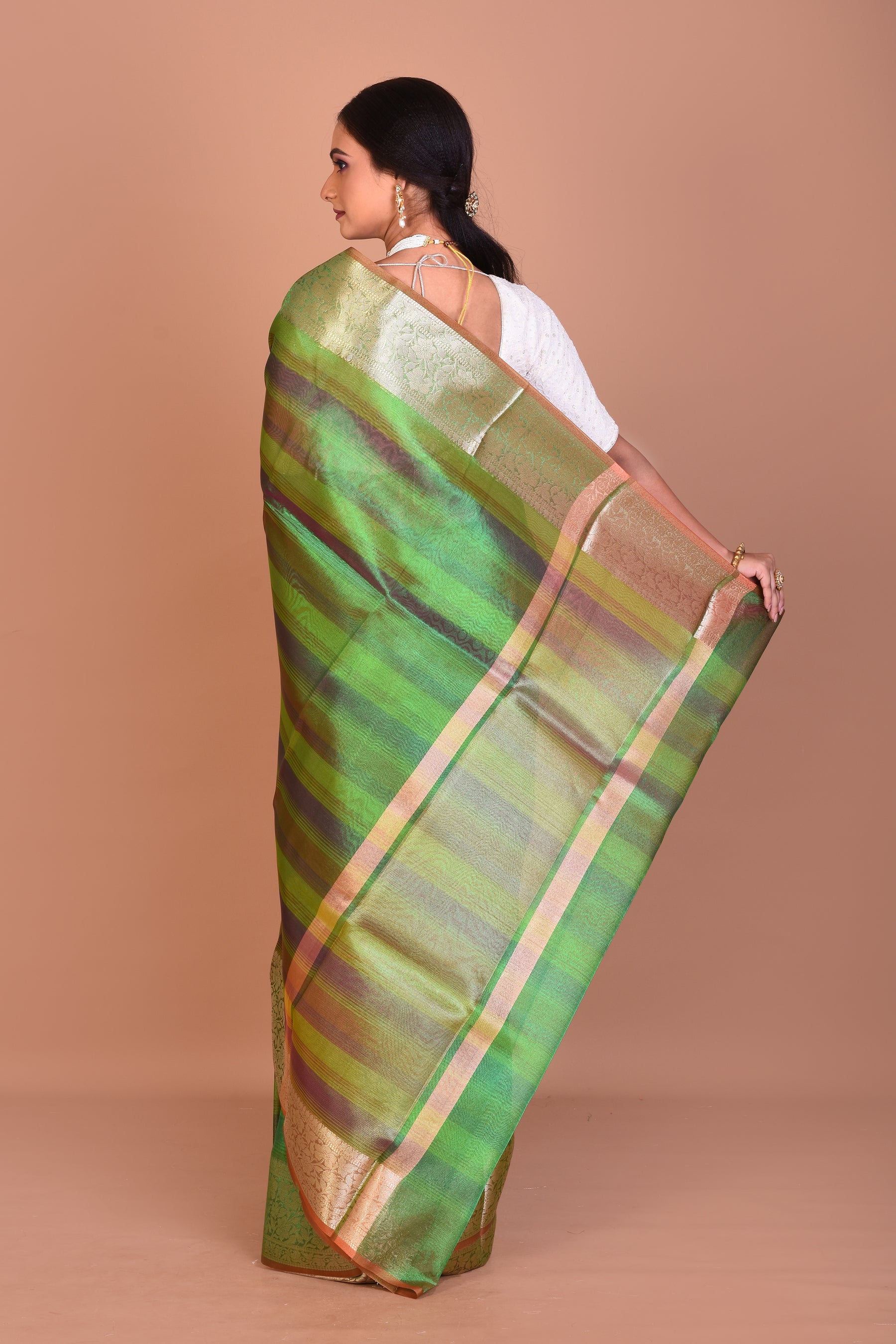 Green 3D Blended Tissue Saree with Blouse Piece - Keya Seth Exclusive