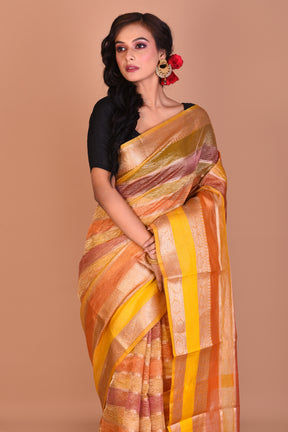 Yellow Multi-coloured Blended Tissue Saree with Blouse Piece - Keya Seth Exclusive