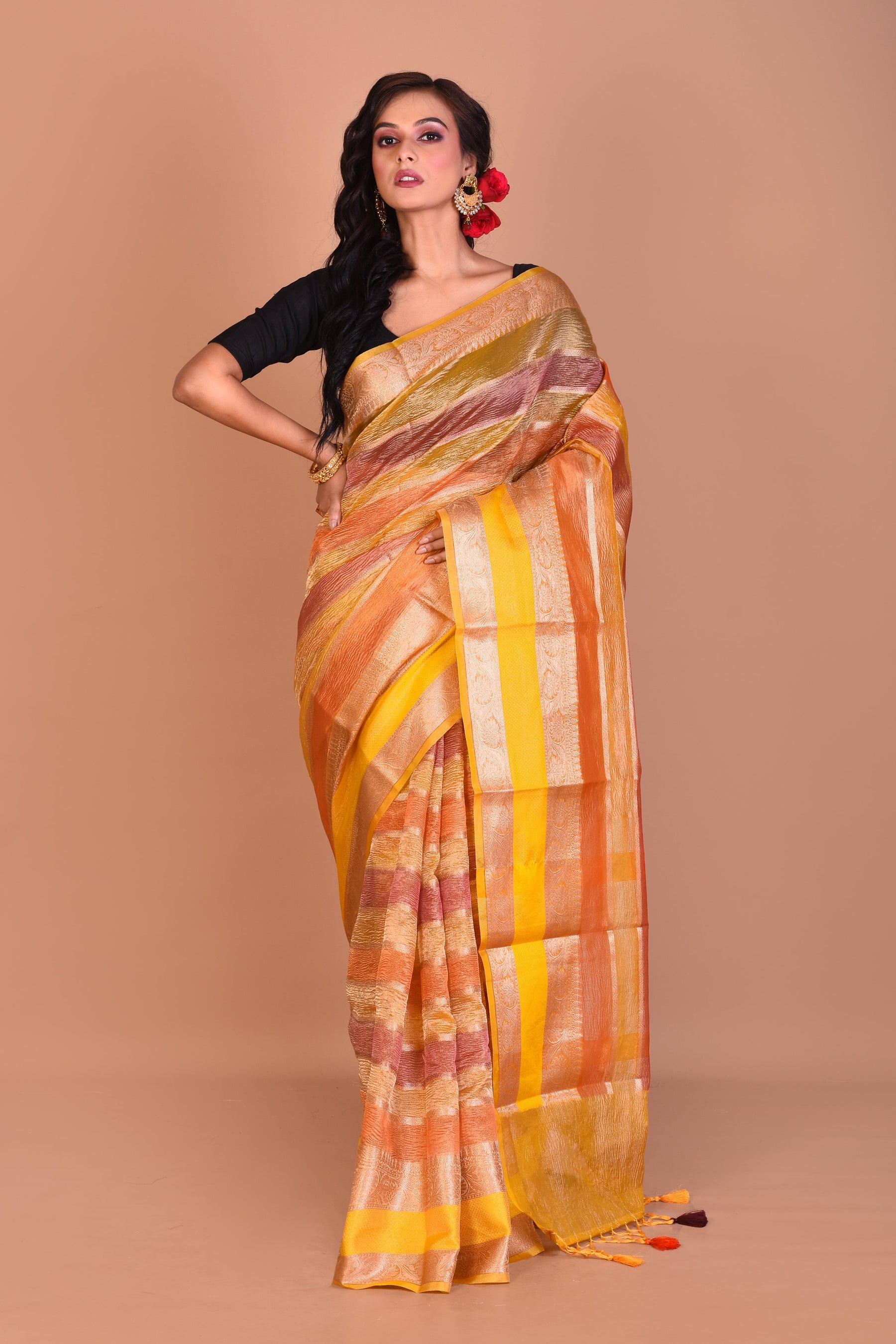 Yellow Multi-coloured Blended Tissue Saree with Blouse Piece - Keya Seth Exclusive