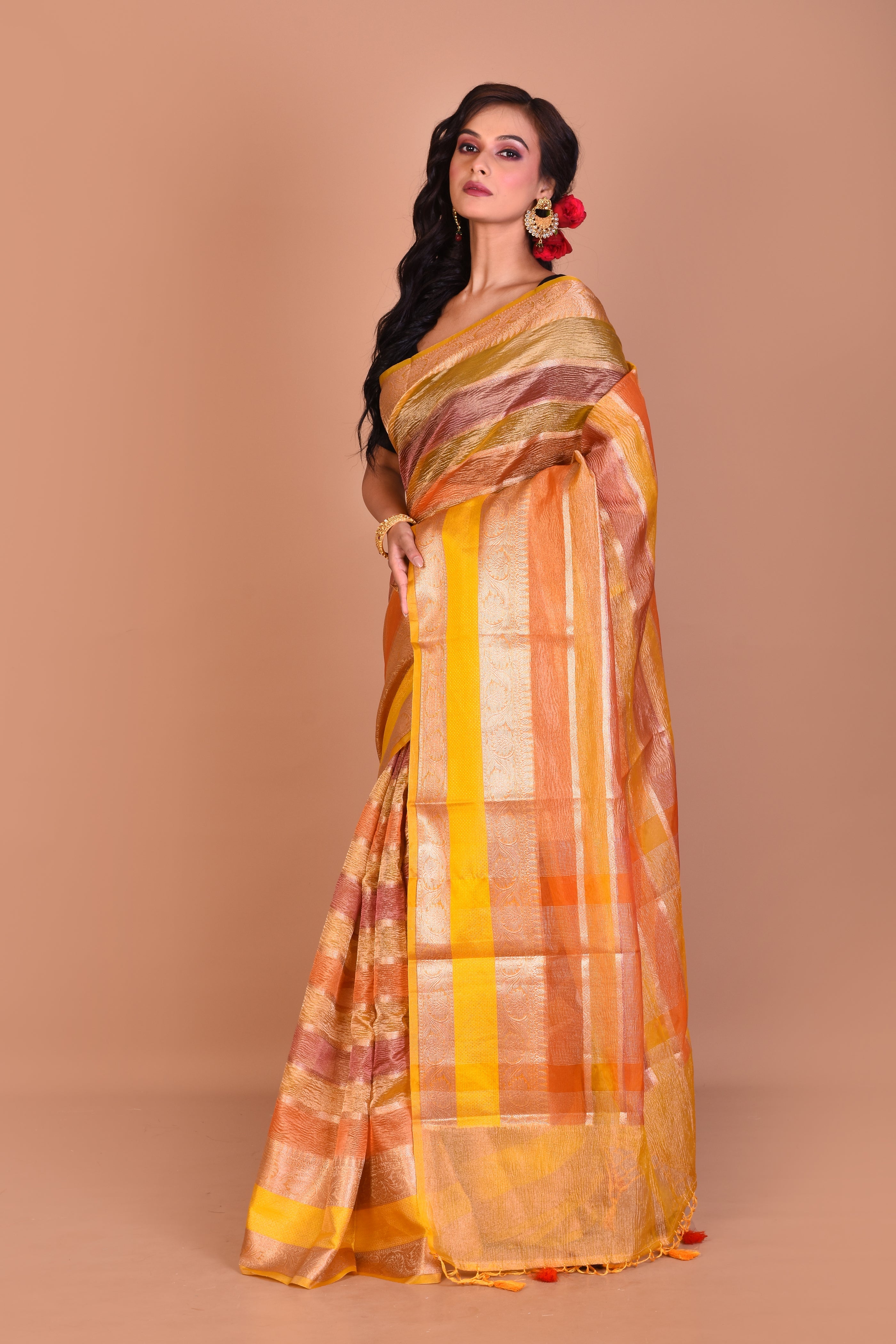 Yellow Multi-coloured Blended Tissue Saree with Blouse Piece - Keya Seth Exclusive