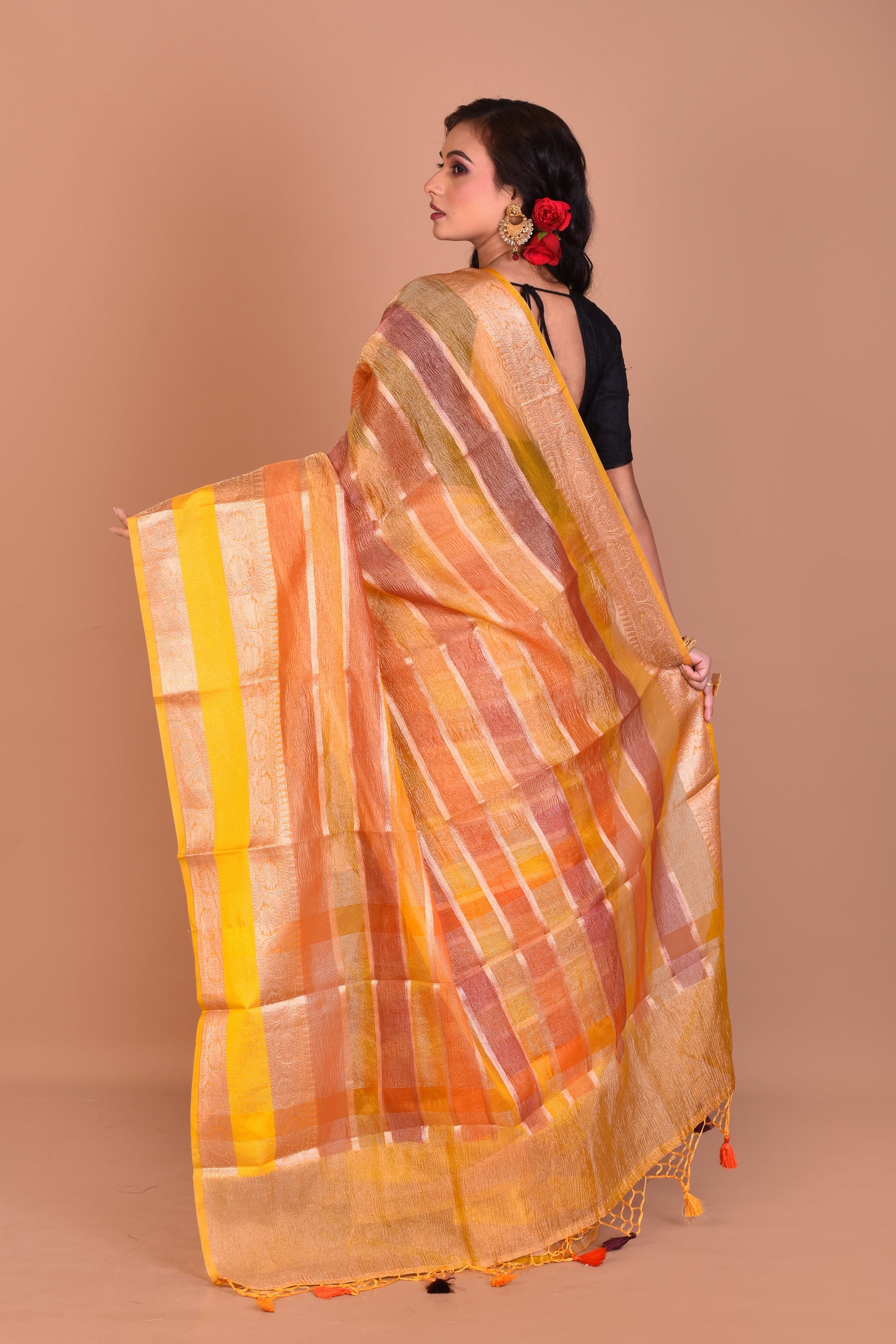 Yellow Multi-coloured Blended Tissue Saree with Blouse Piece - Keya Seth Exclusive