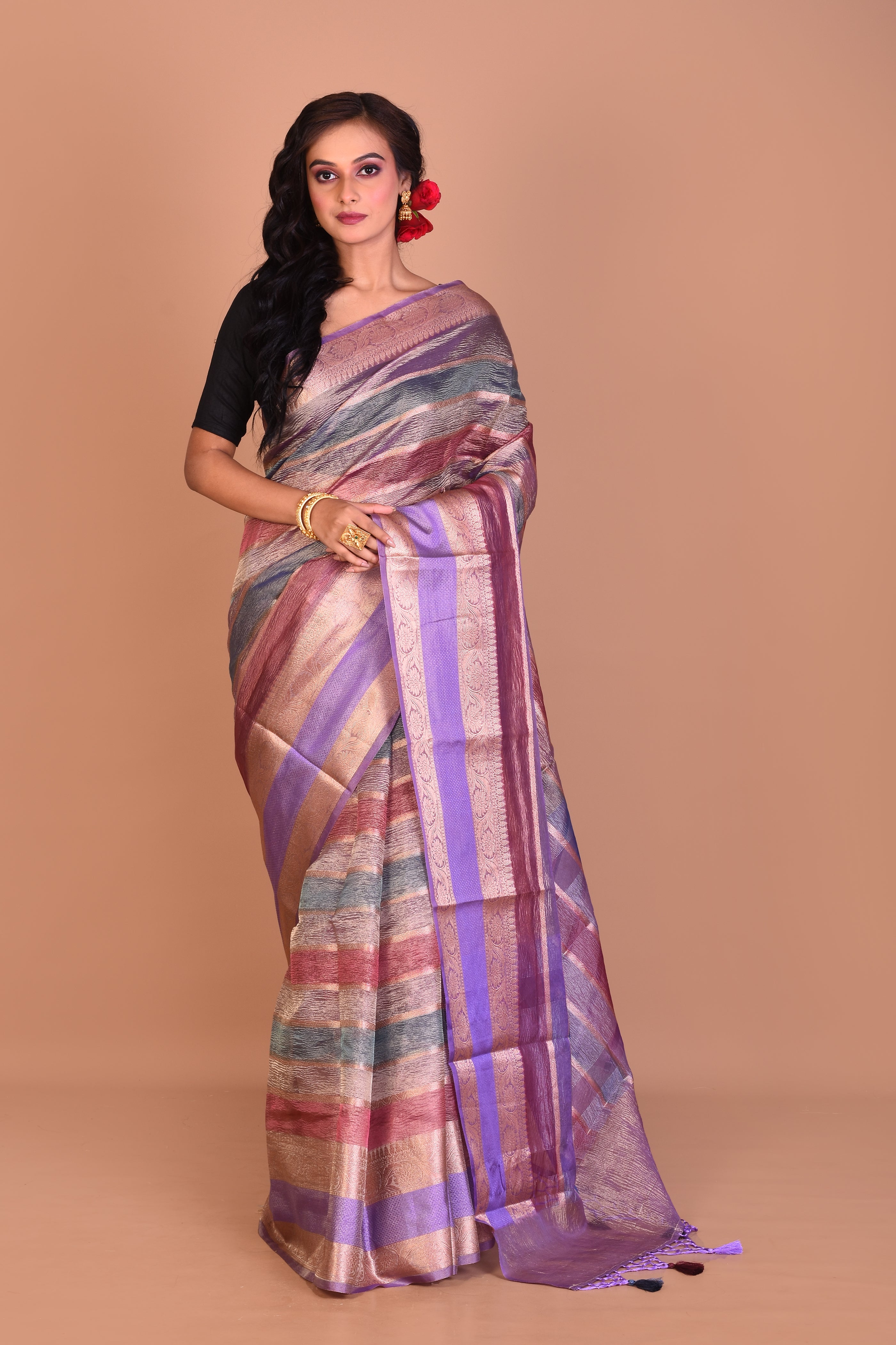 Purple Multi-coloured Blended Tissue Saree with Blouse Piece - Keya Seth Exclusive