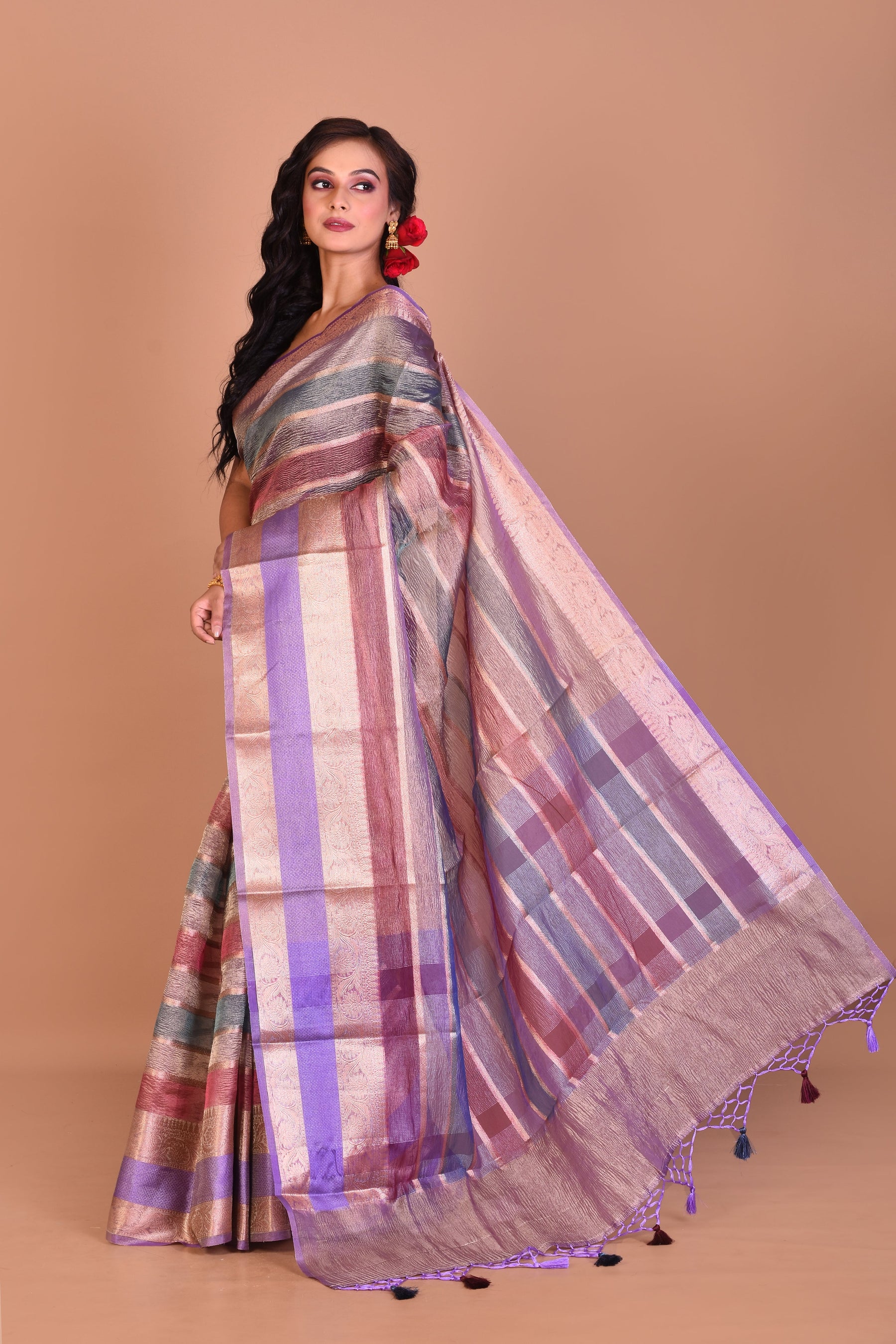 Purple Multi-coloured Blended Tissue Saree with Blouse Piece - Keya Seth Exclusive