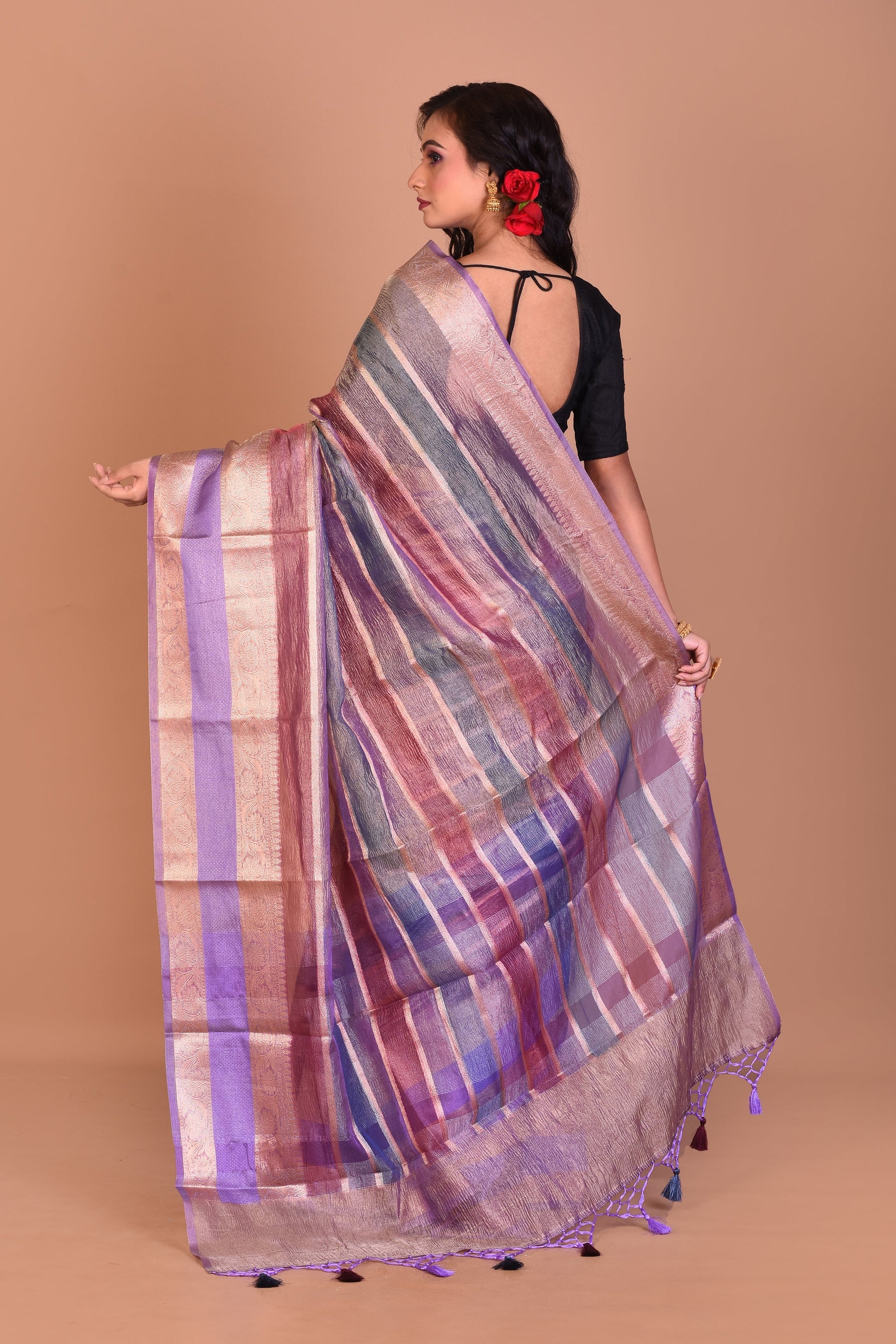 Purple Multi-coloured Blended Tissue Saree with Blouse Piece - Keya Seth Exclusive