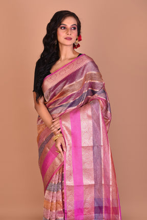 Bright Pink Multi-coloured Blended Tissue Saree with Blouse Piece - Keya Seth Exclusive