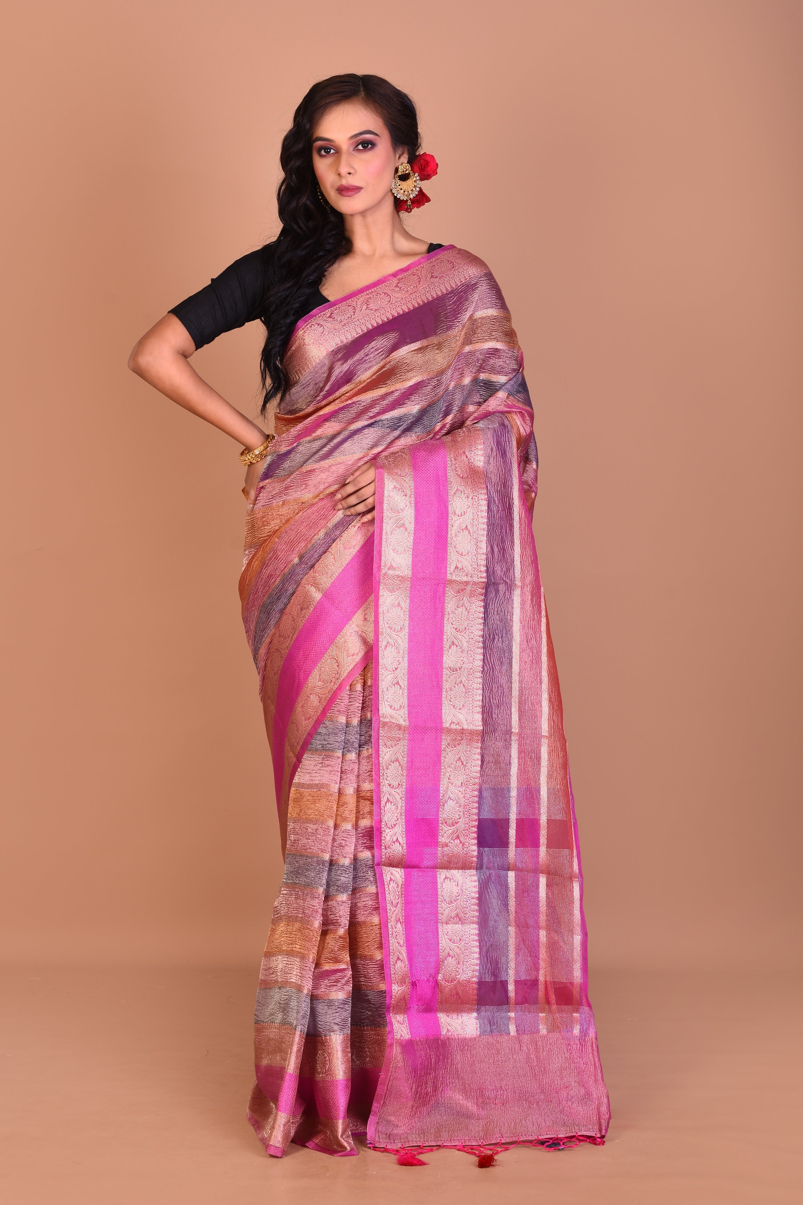 Bright Pink Multi-coloured Blended Tissue Saree with Blouse Piece - Keya Seth Exclusive