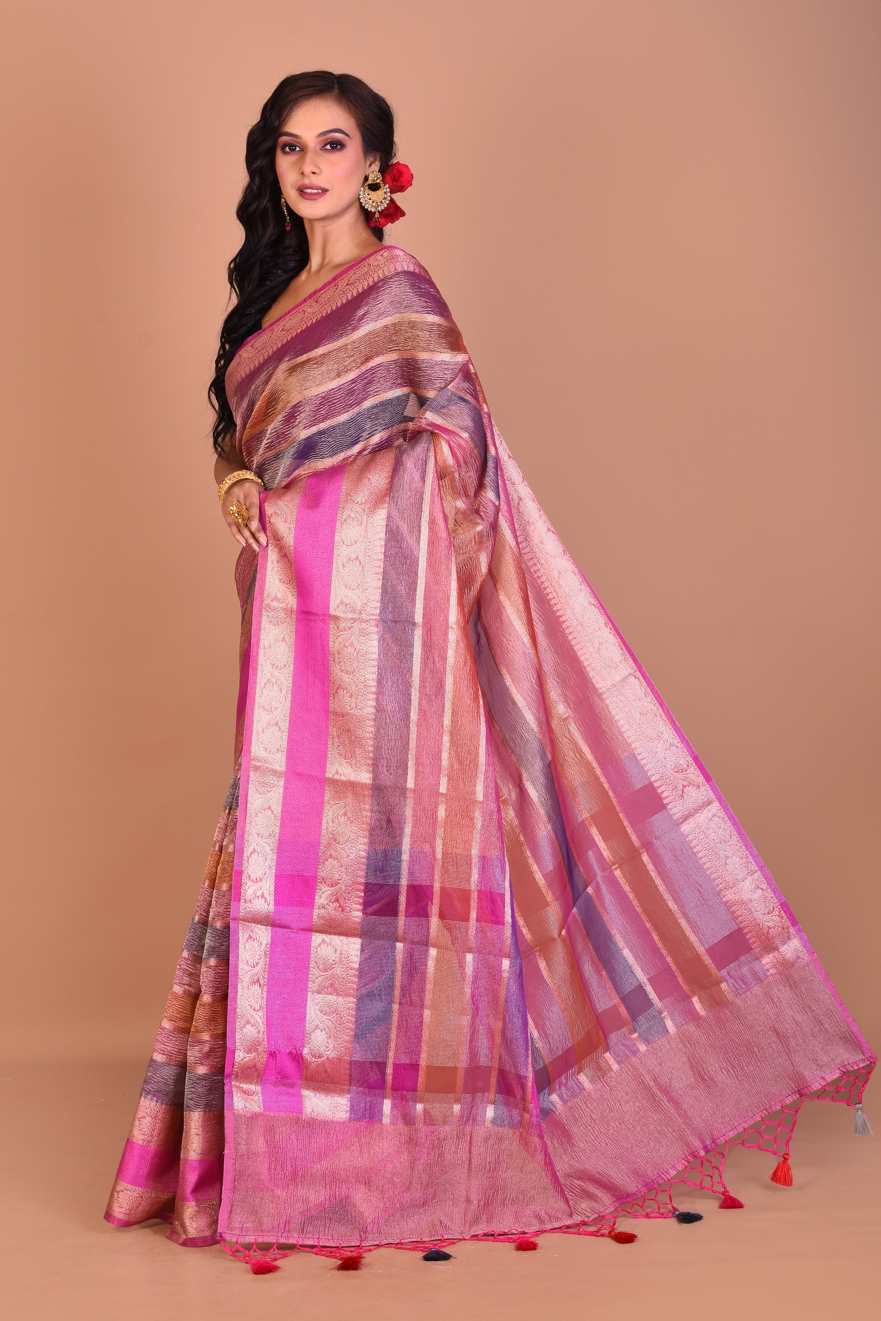 Bright Pink Multi-coloured Blended Tissue Saree with Blouse Piece - Keya Seth Exclusive