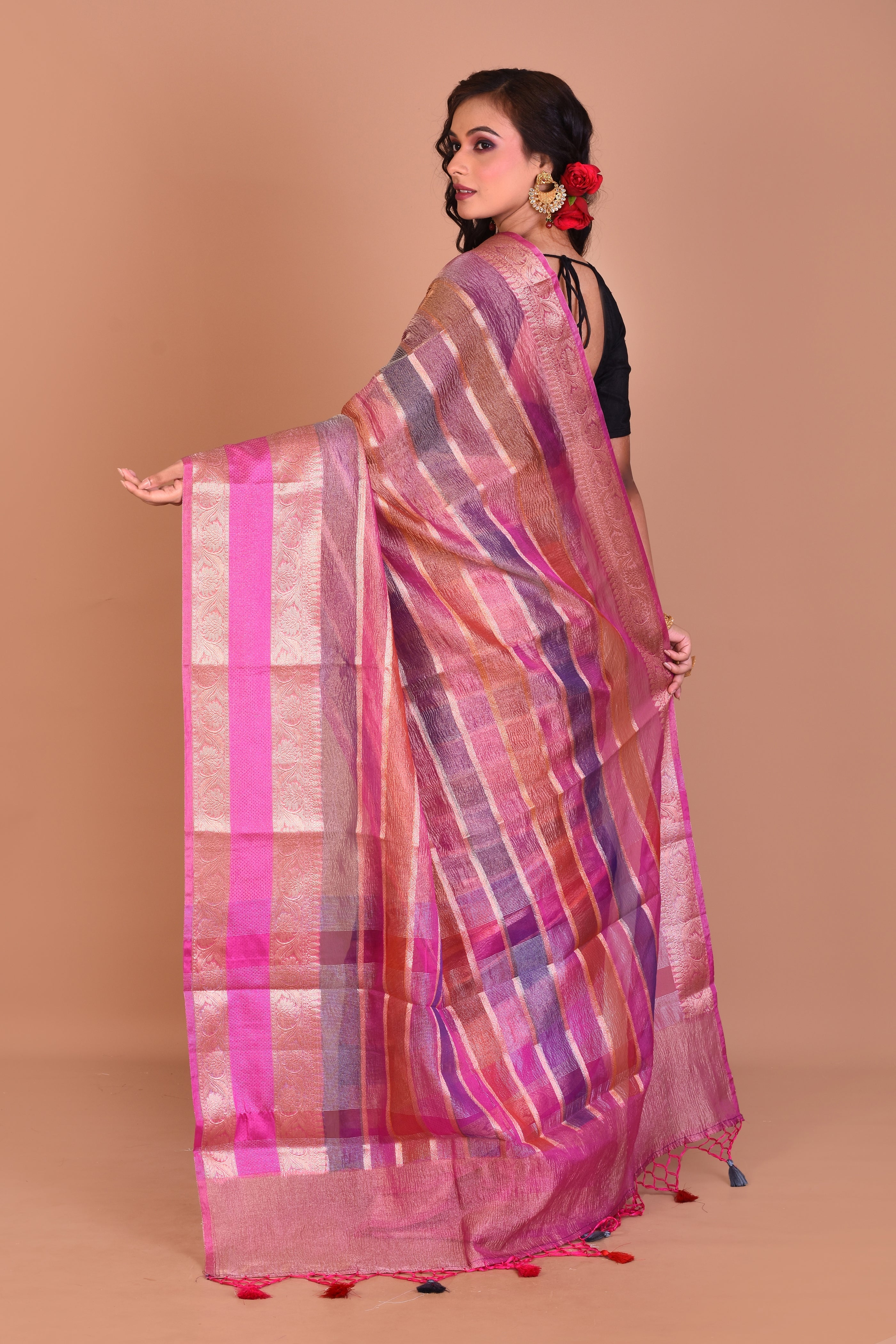 Bright Pink Multi-coloured Blended Tissue Saree with Blouse Piece - Keya Seth Exclusive