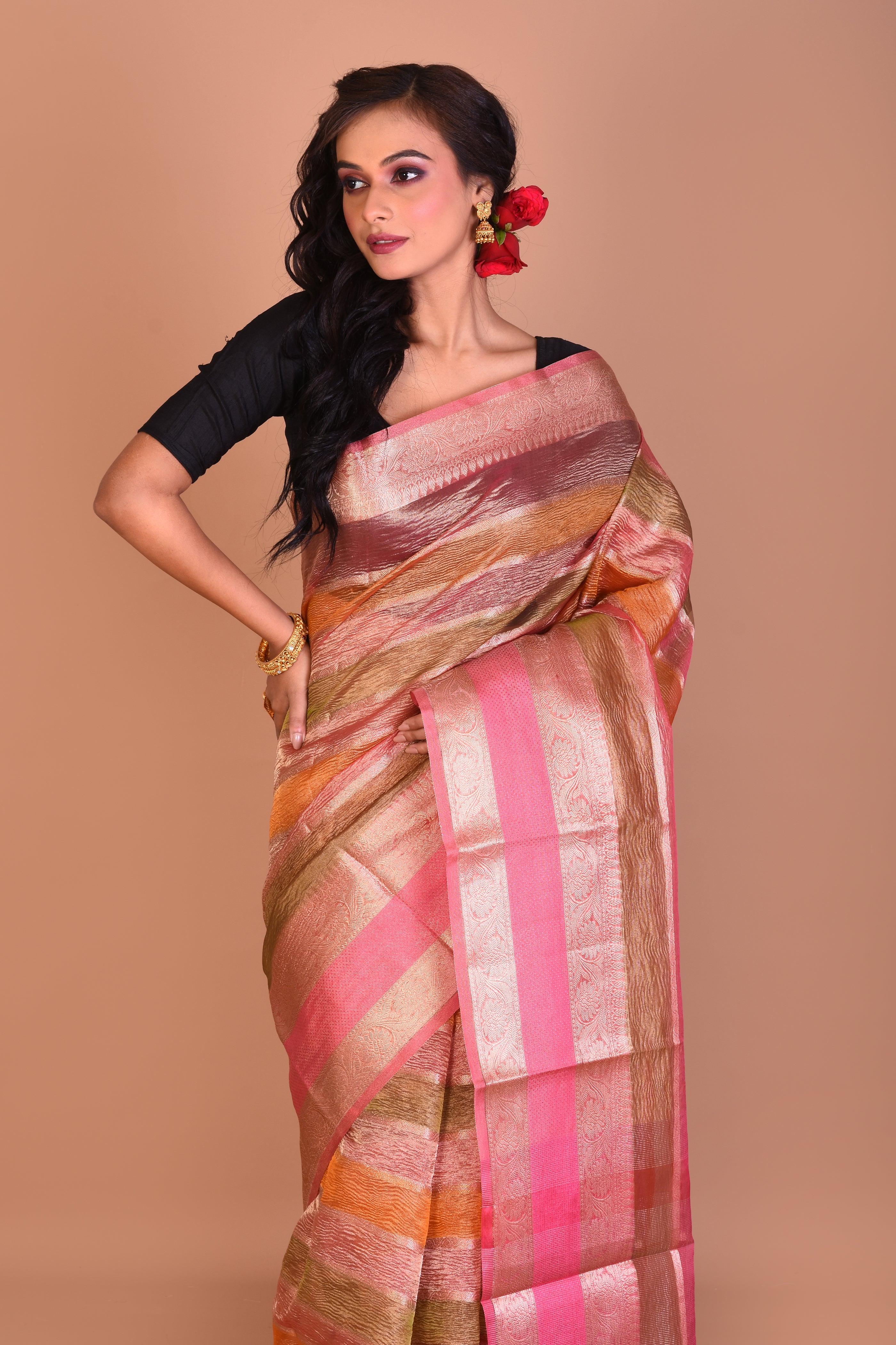 Pink Multi-coloured Blended Tissue Saree with Blouse Piece - Keya Seth Exclusive