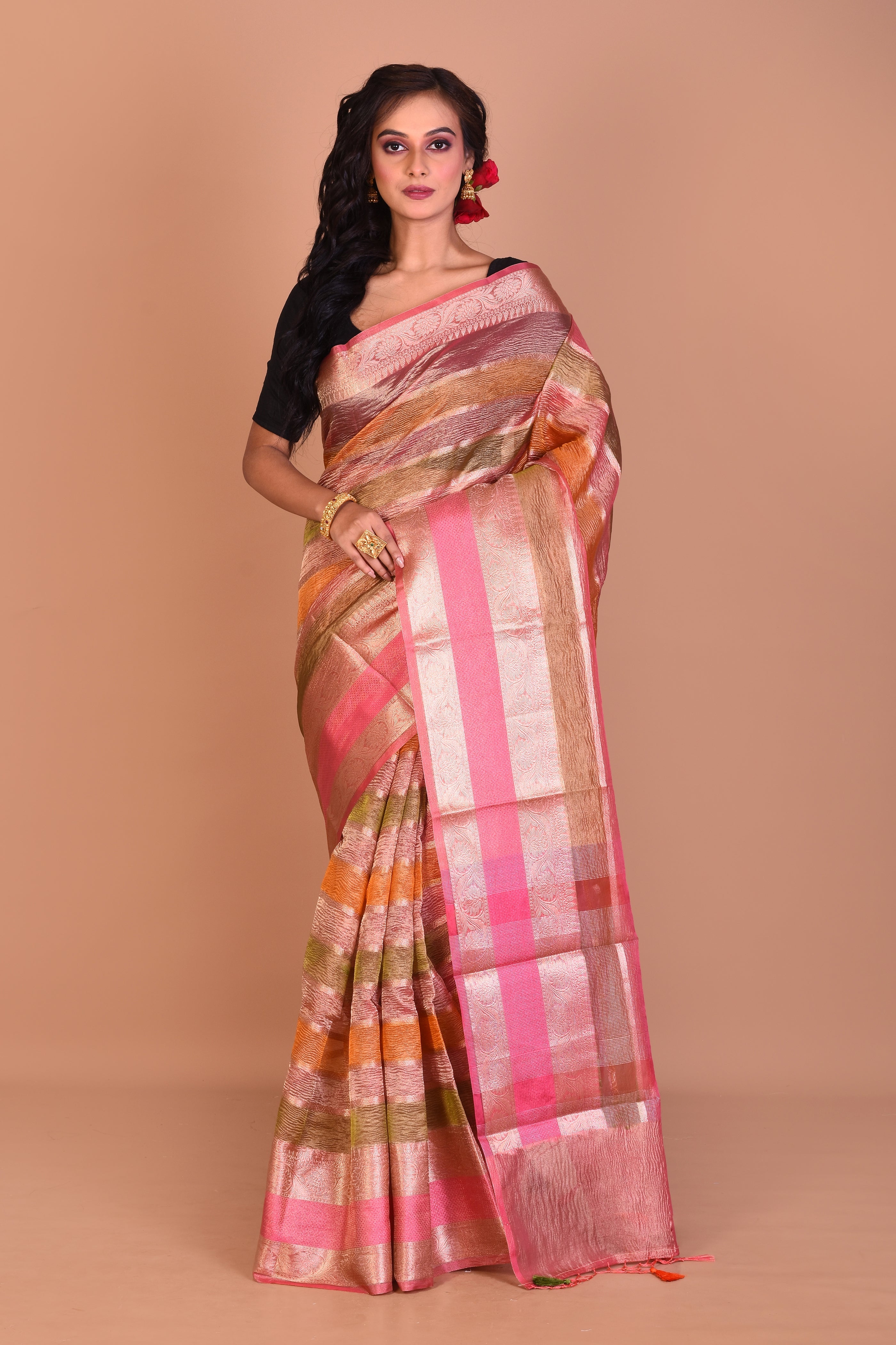 Pink Multi-coloured Blended Tissue Saree with Blouse Piece - Keya Seth Exclusive