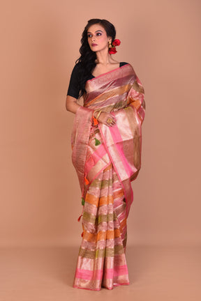 Pink Multi-coloured Blended Tissue Saree with Blouse Piece - Keya Seth Exclusive