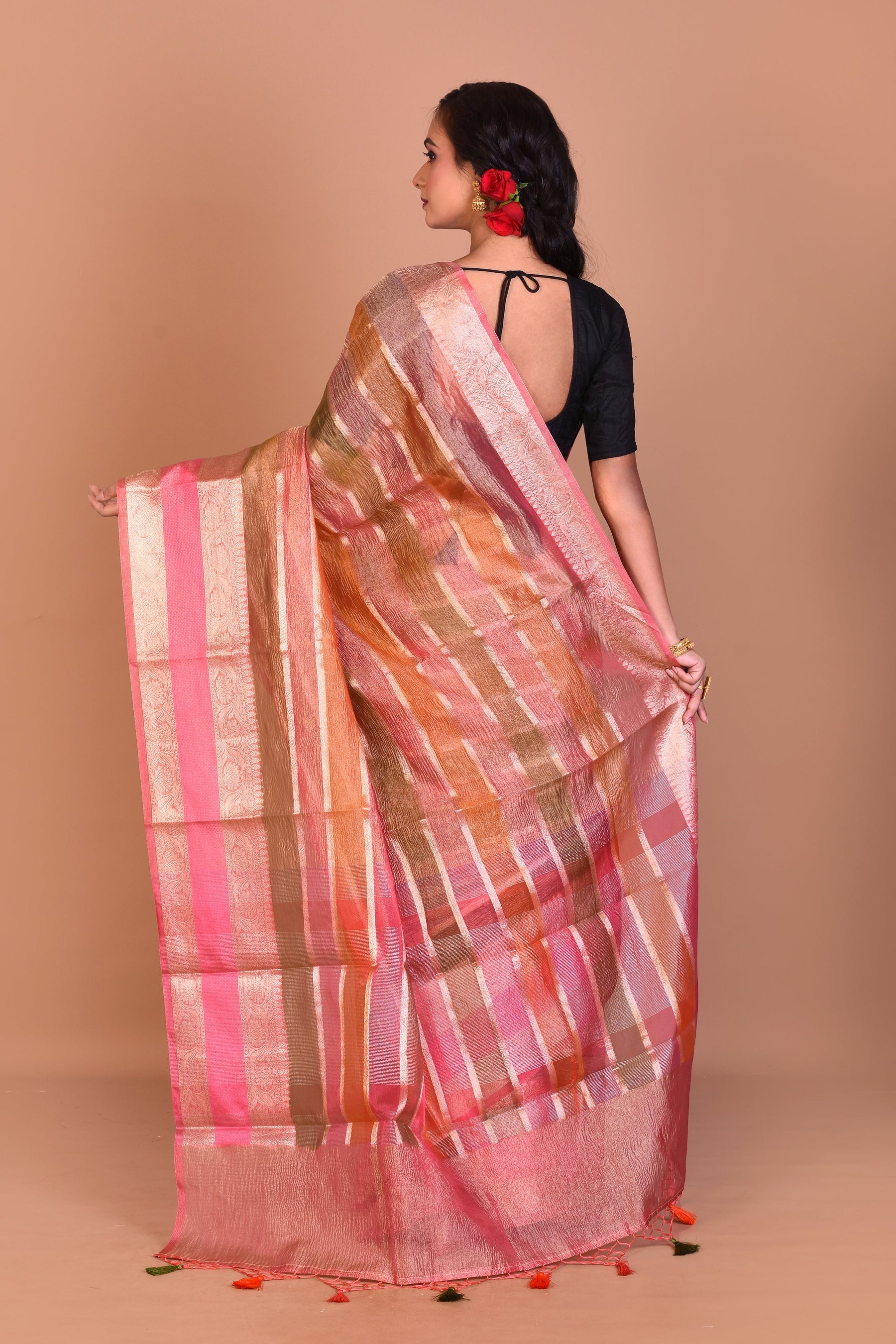 Pink Multi-coloured Blended Tissue Saree with Blouse Piece - Keya Seth Exclusive